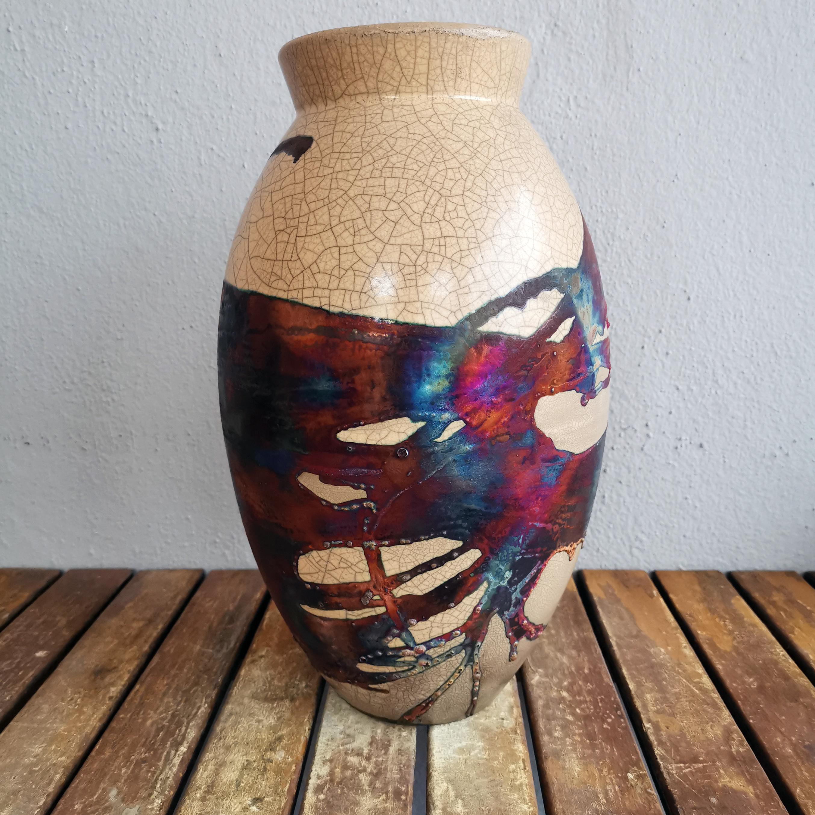 Raaquu Raku Große ovale Vase, geflammt, S/N0000607 Tafelaufsatz, Kunstserie (Moderne)