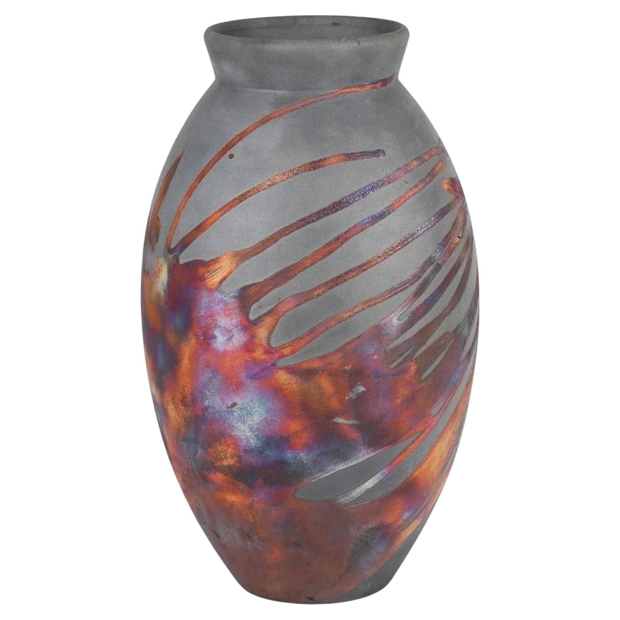 Raaquu Raku grand vase ovale cuit au four S/N0000735 S série Centre de table d'art, Malaisie