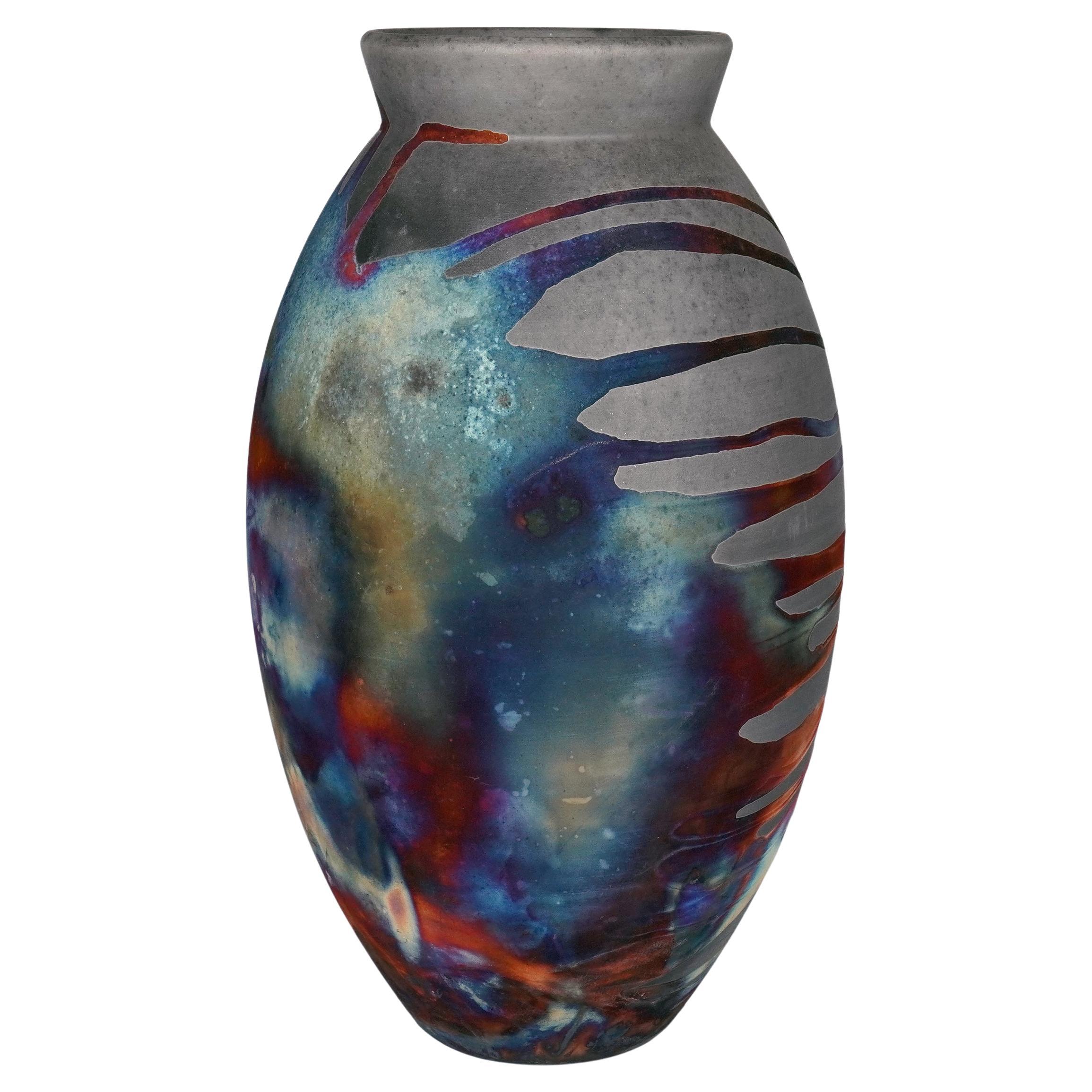Raaquu Raku Fired Large Oval Vase S/N0000823 Centerpiece Art Series, Malaysia