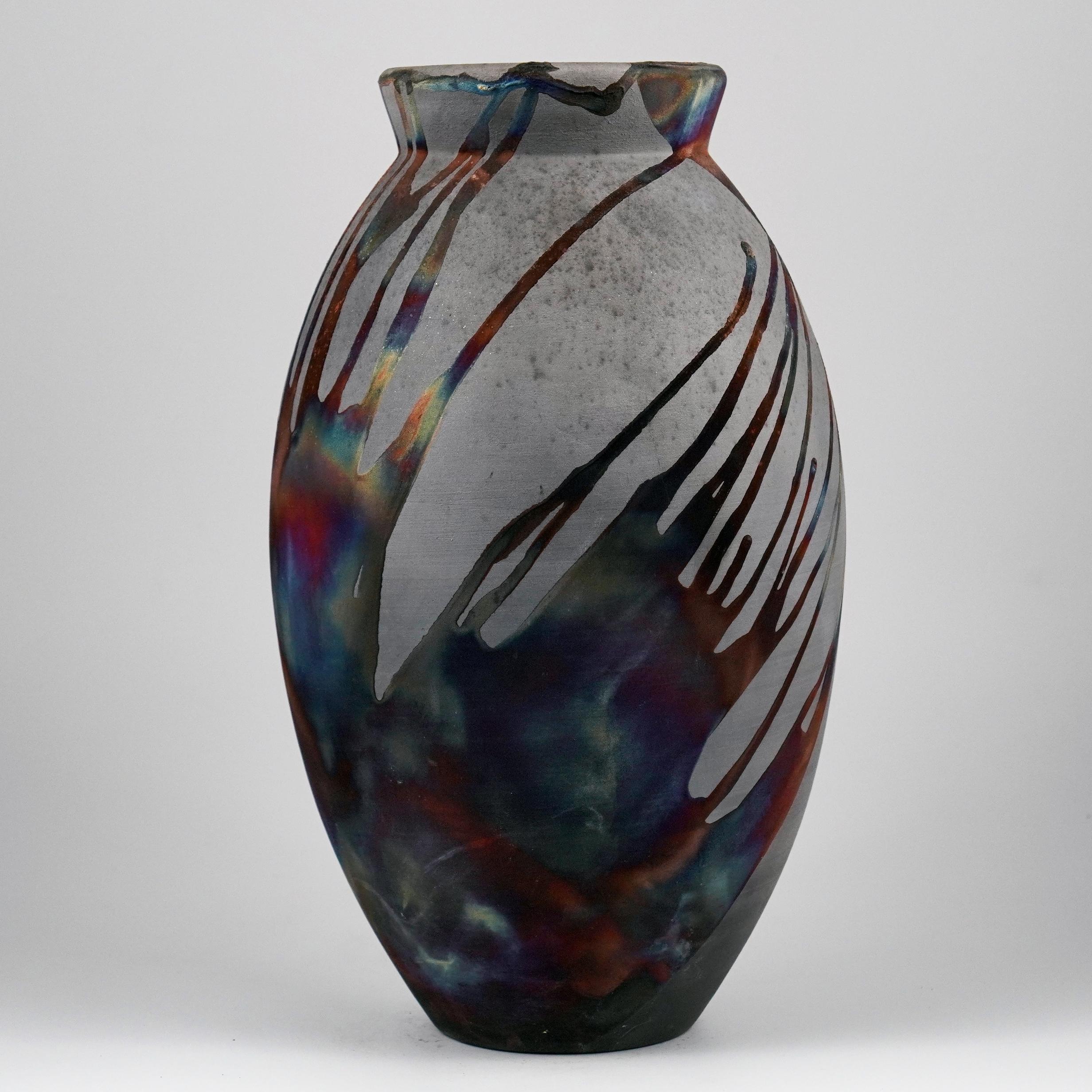 Moderno Vaso ovale grande cotto Raaquu Raku S/N0000894 Centerpiece Art Series, Malesia in vendita