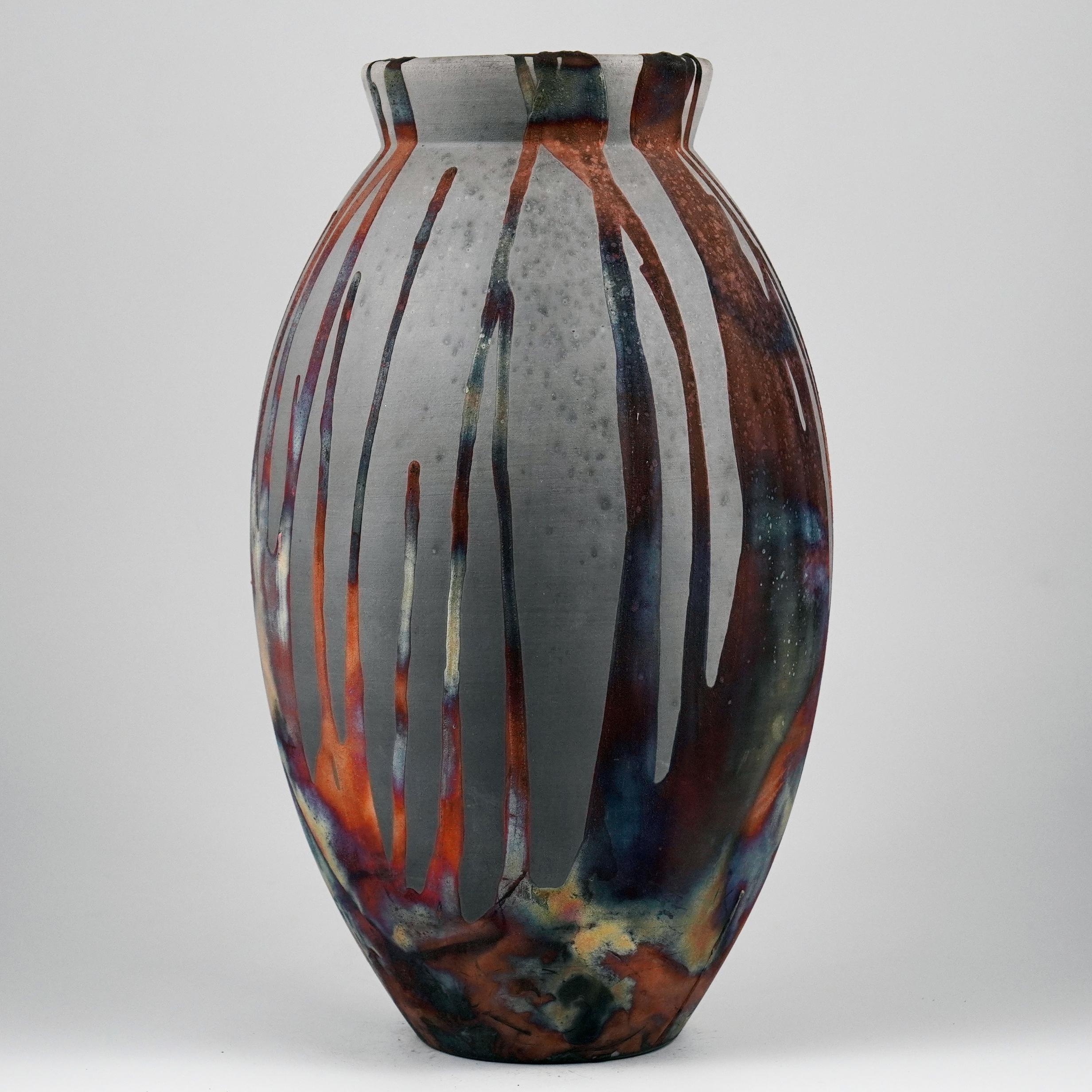 Modern Raaquu Raku Fired Large Oval Vase S/N0000904 Centerpiece Art Series, Malaysia For Sale