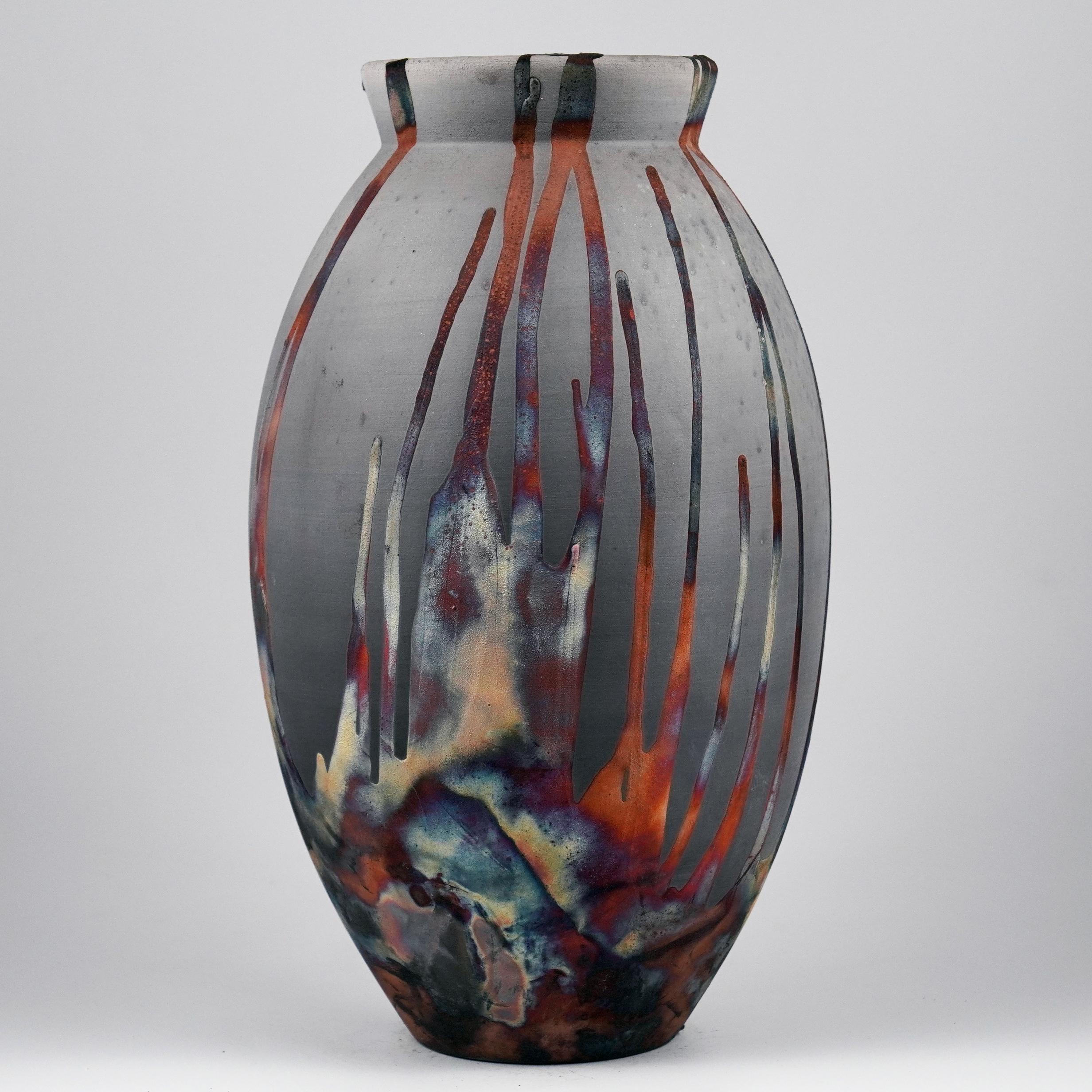 Malaysian Raaquu Raku Fired Large Oval Vase S/N0000904 Centerpiece Art Series, Malaysia For Sale