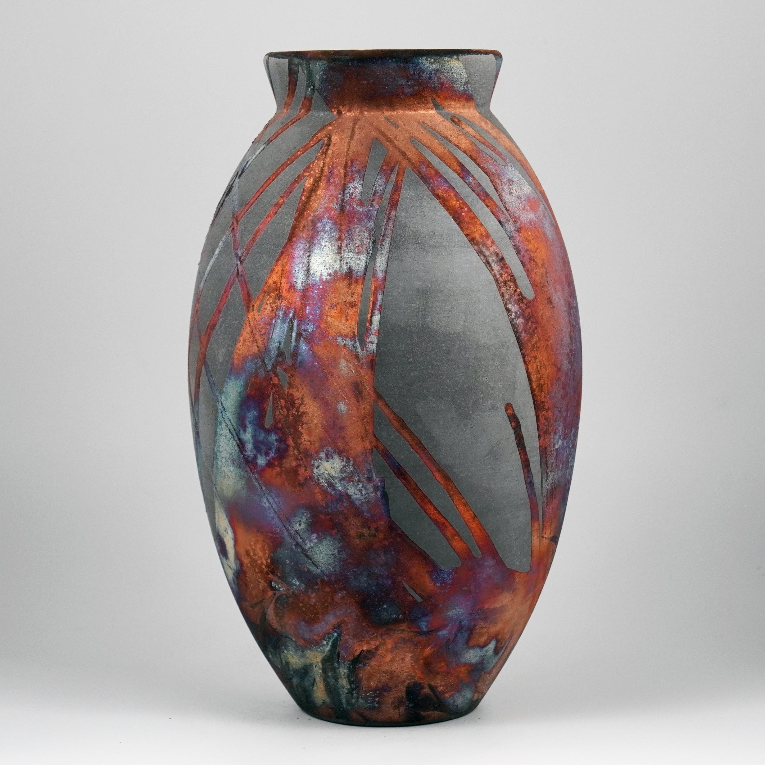 Raaquu Raku grand vase ovale cuit au four S/N0000914 S série Centre de table d'art, Malaisie