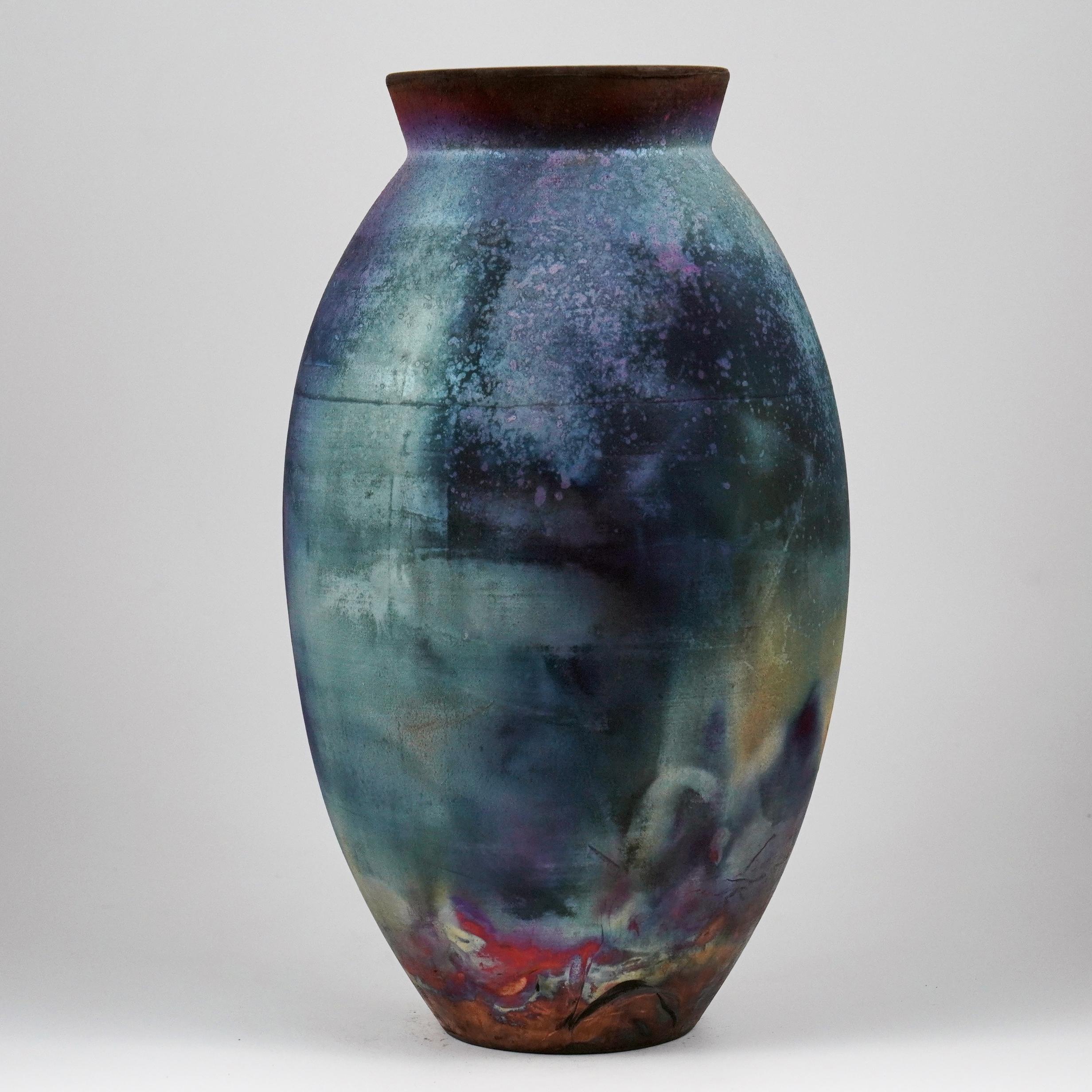Modern Raaquu Raku Fired Large Oval Vase S/N0000947 Centerpiece Art Series, Malaysia For Sale