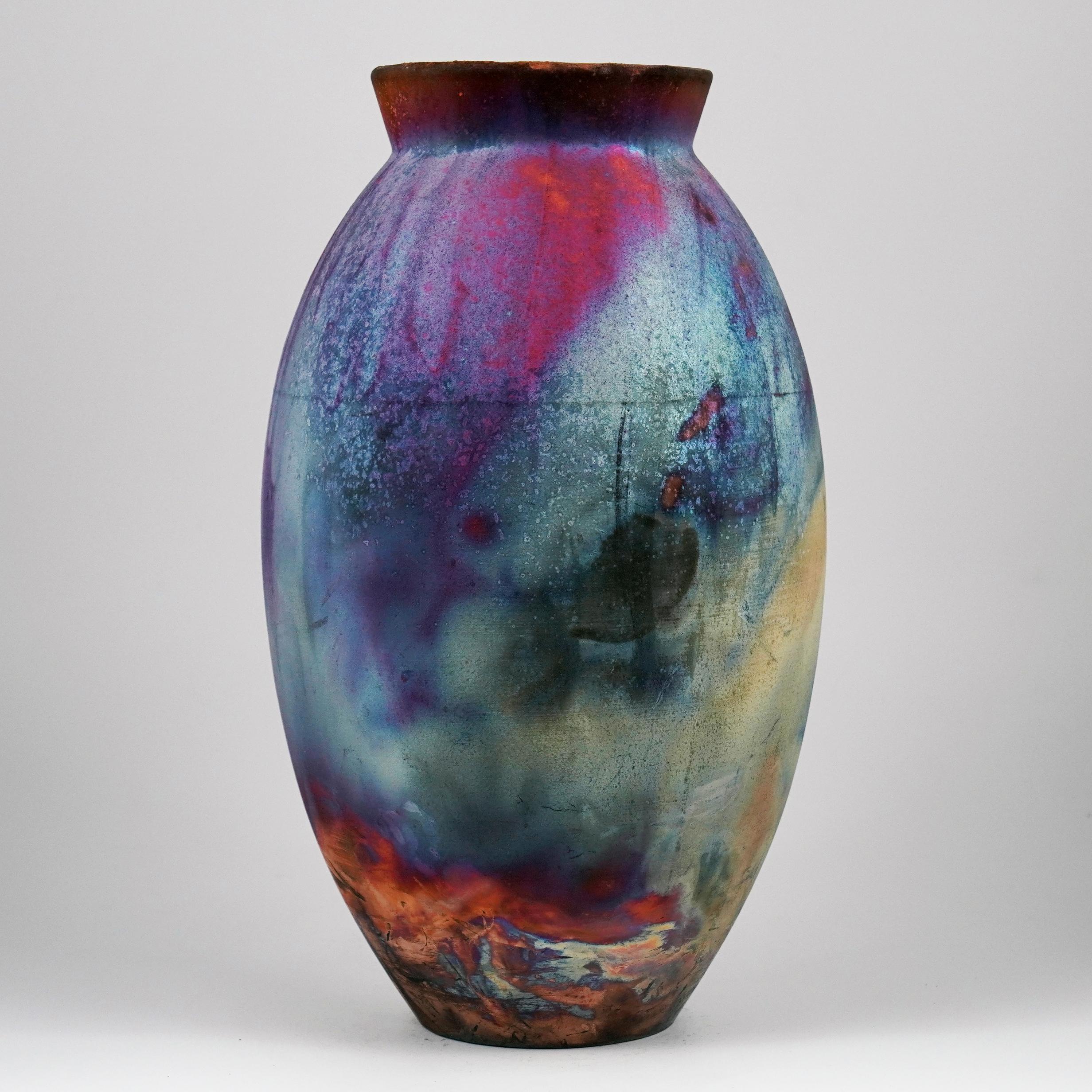Moderno Vaso ovale grande cotto Raaquu Raku S/N0000955 Centerpiece Art Series, Malesia in vendita