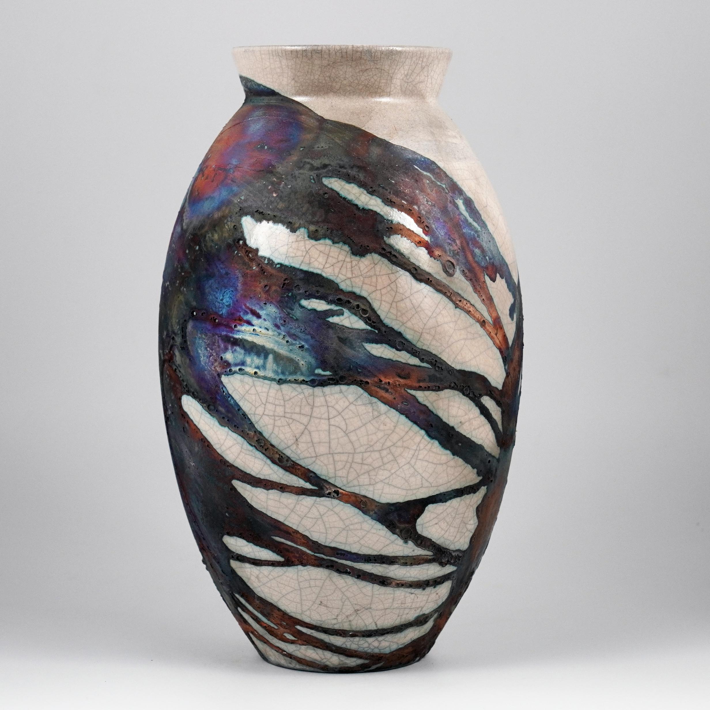 Moderno Vaso ovale grande cotto Raaquu Raku S/N0000956 Centerpiece Art Series, Malesia in vendita