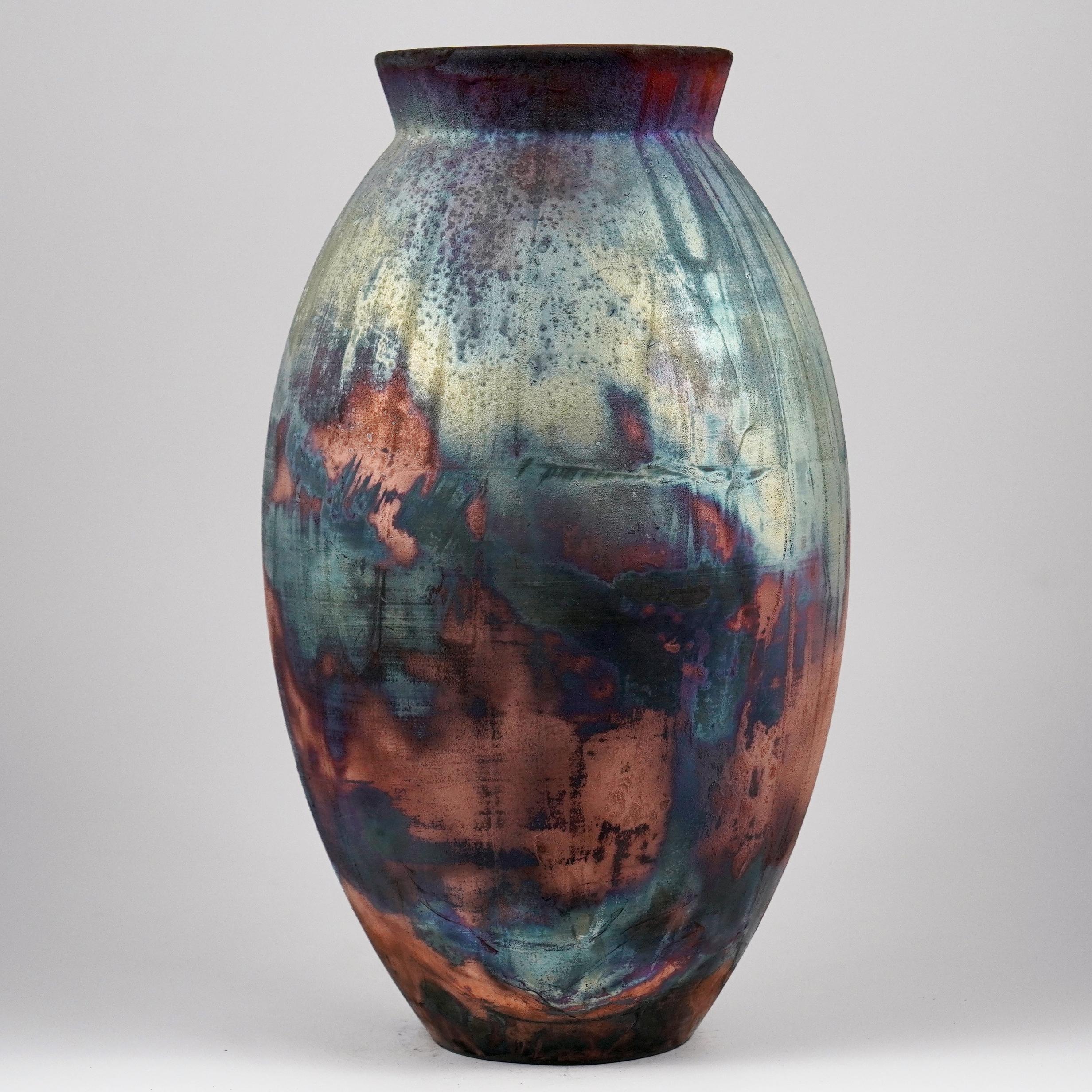 Modern Raaquu Raku Fired Large Oval Vase S/N0000975 Centerpiece Art Series, Malaysia For Sale