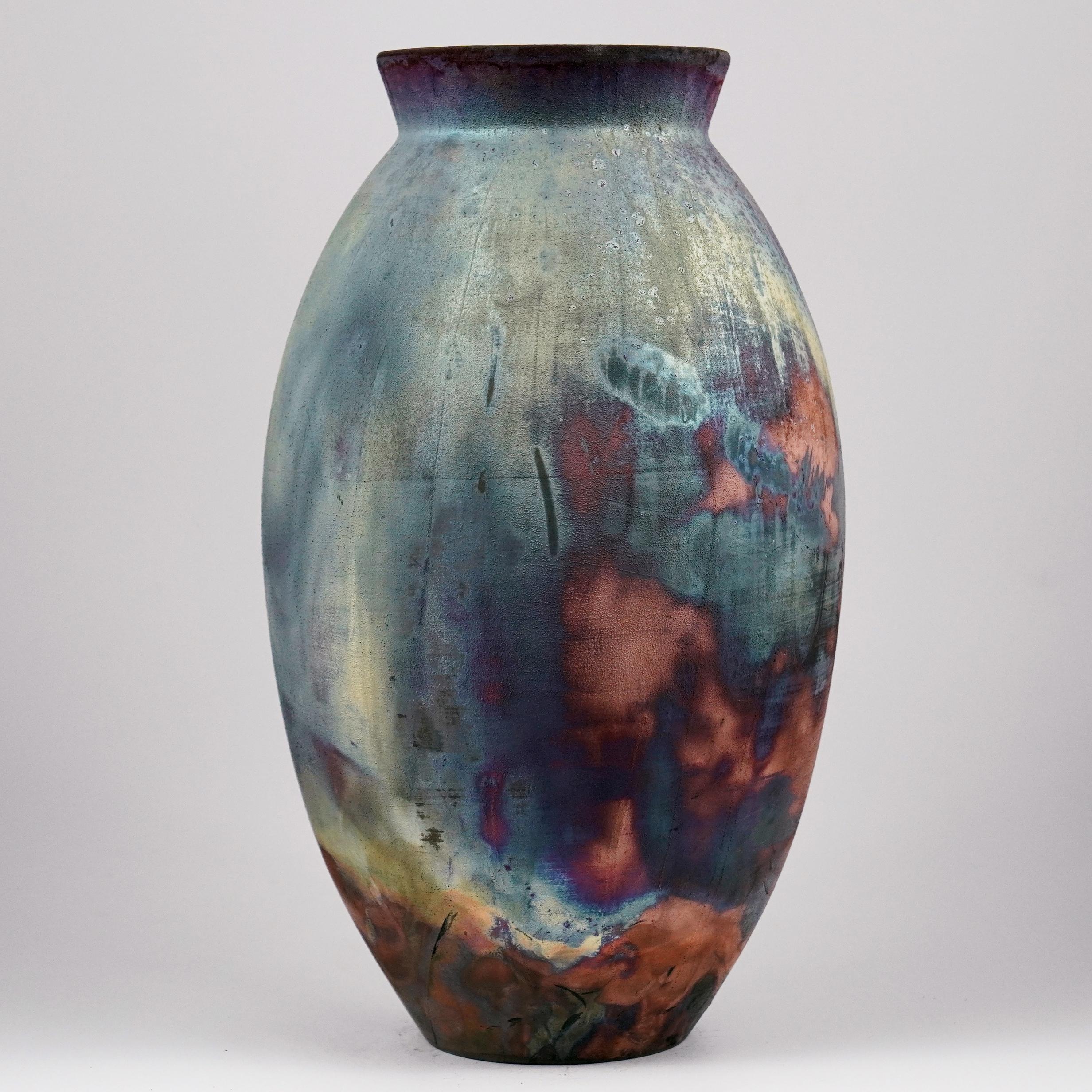 Malaysian Raaquu Raku Fired Large Oval Vase S/N0000975 Centerpiece Art Series, Malaysia For Sale