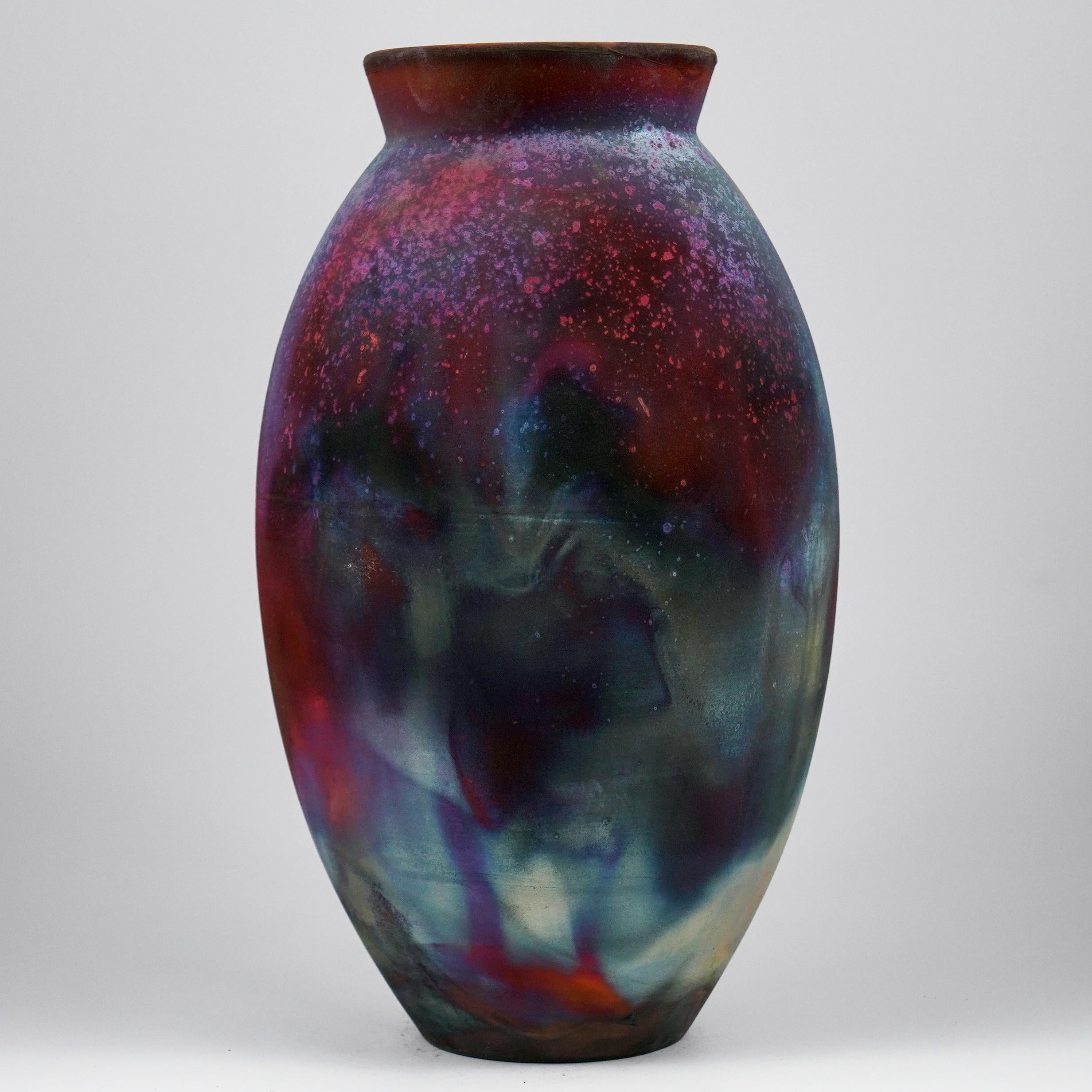 Modern Raaquu Raku Fired Large Oval Vase S/N0000982 Centerpiece Art Series, Malaysia For Sale