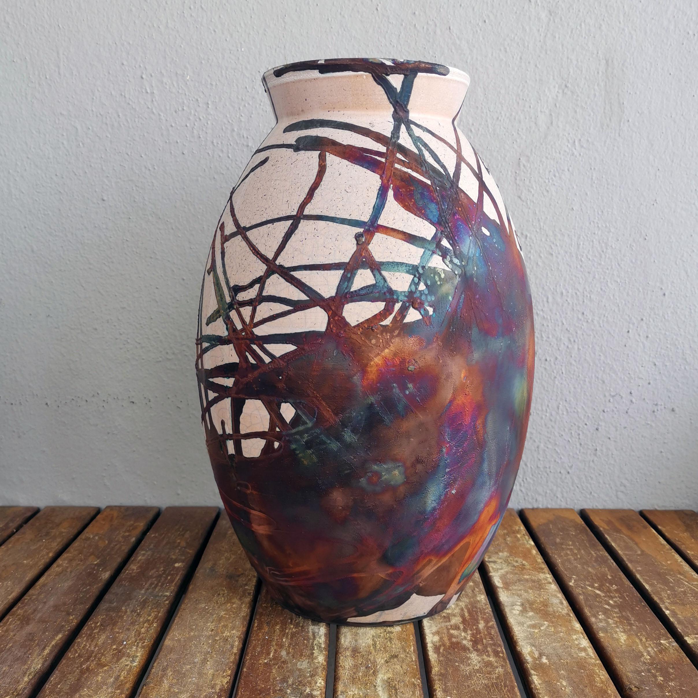 Modern Raaquu Raku Fired Large Oval XL Vase S/N0000658 Centerpiece Art Series