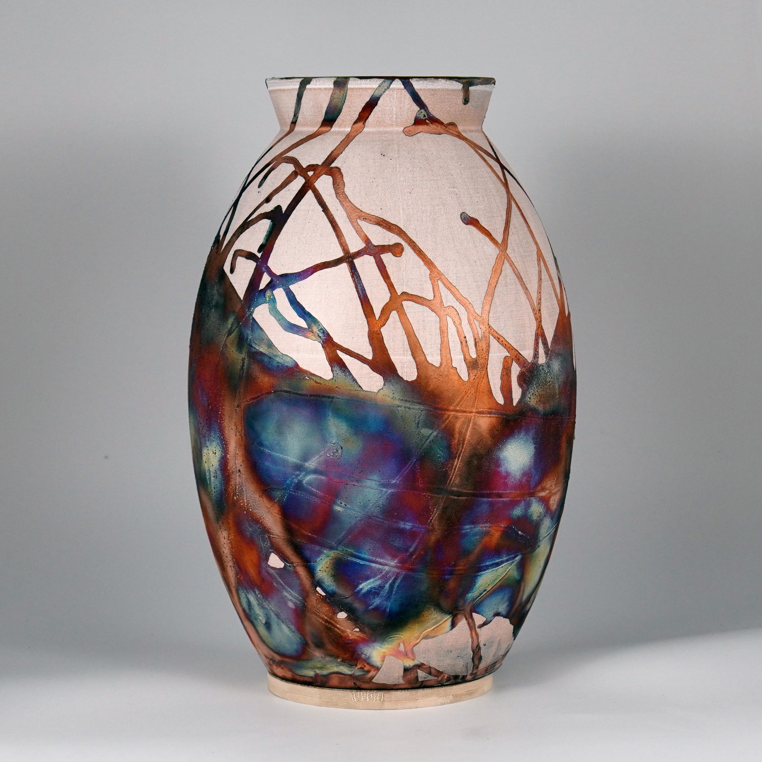 Modern Raaquu Raku Fired Large Oval XL Vase S/N0000658 Centerpiece New Art Series