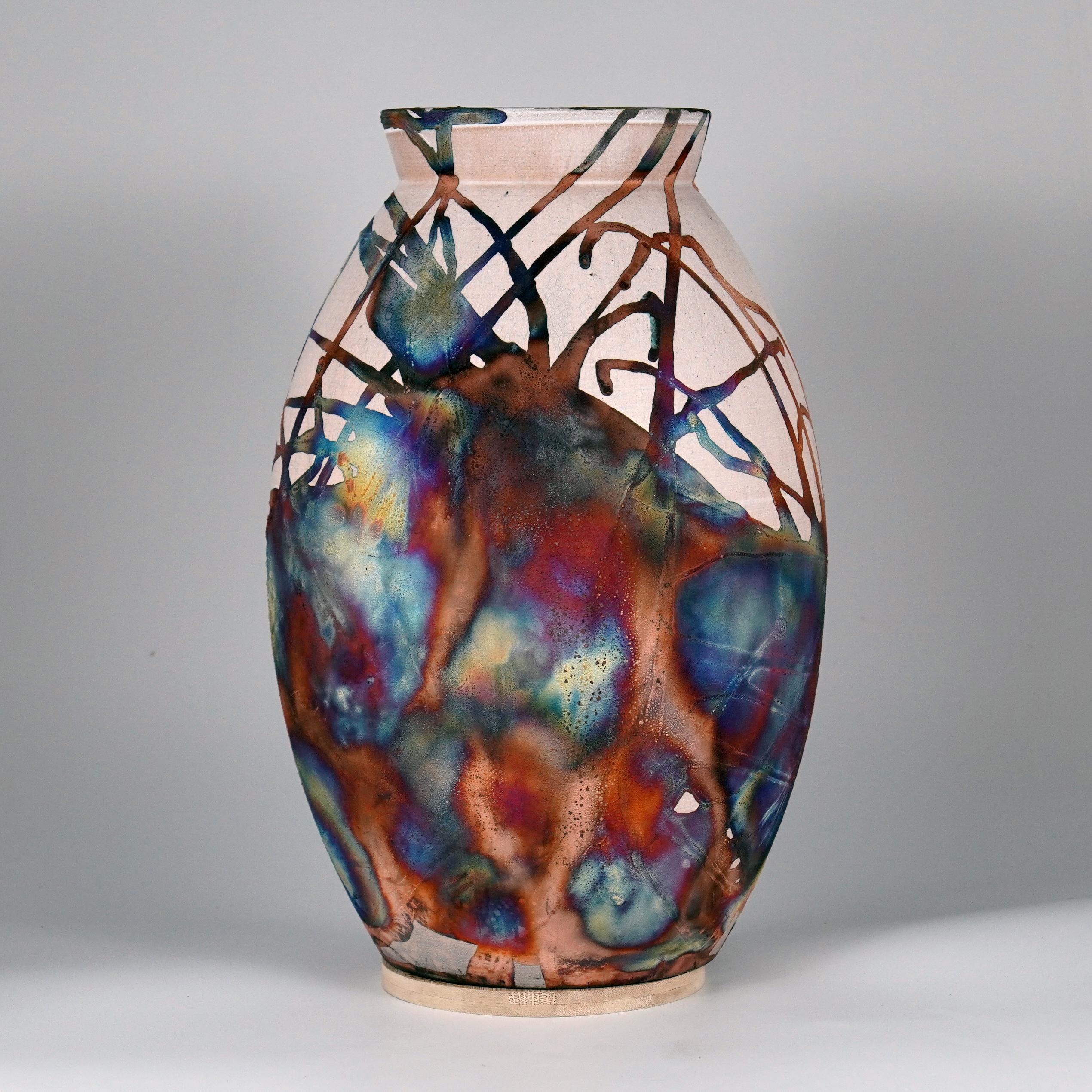 Glazed Raaquu Raku Fired Large Oval XL Vase S/N0000658 Centerpiece New Art Series