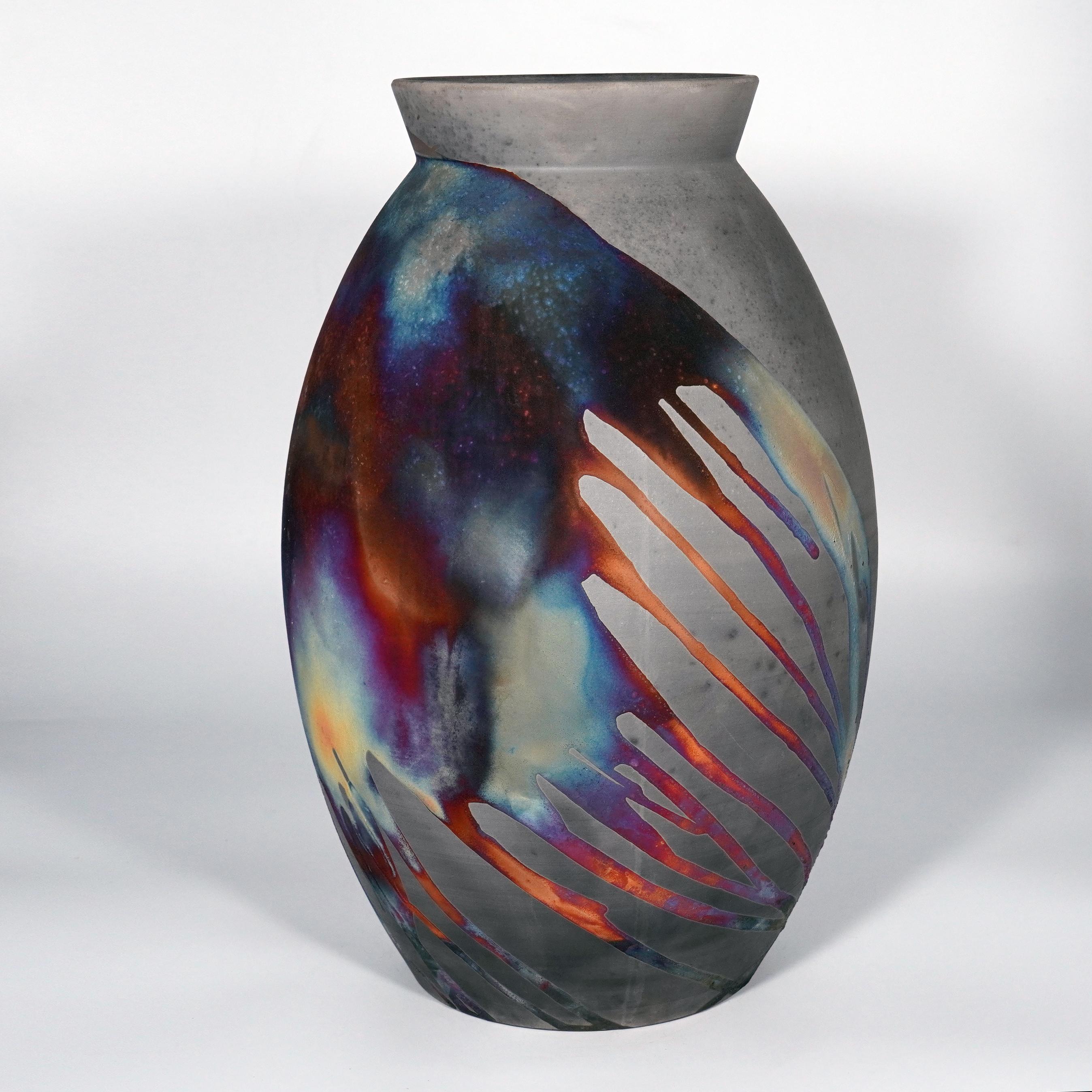 Moderne Raaquu Raku grand vase ovale XL cuit S/N0000833 Centre de table nouvelle série d'art en vente