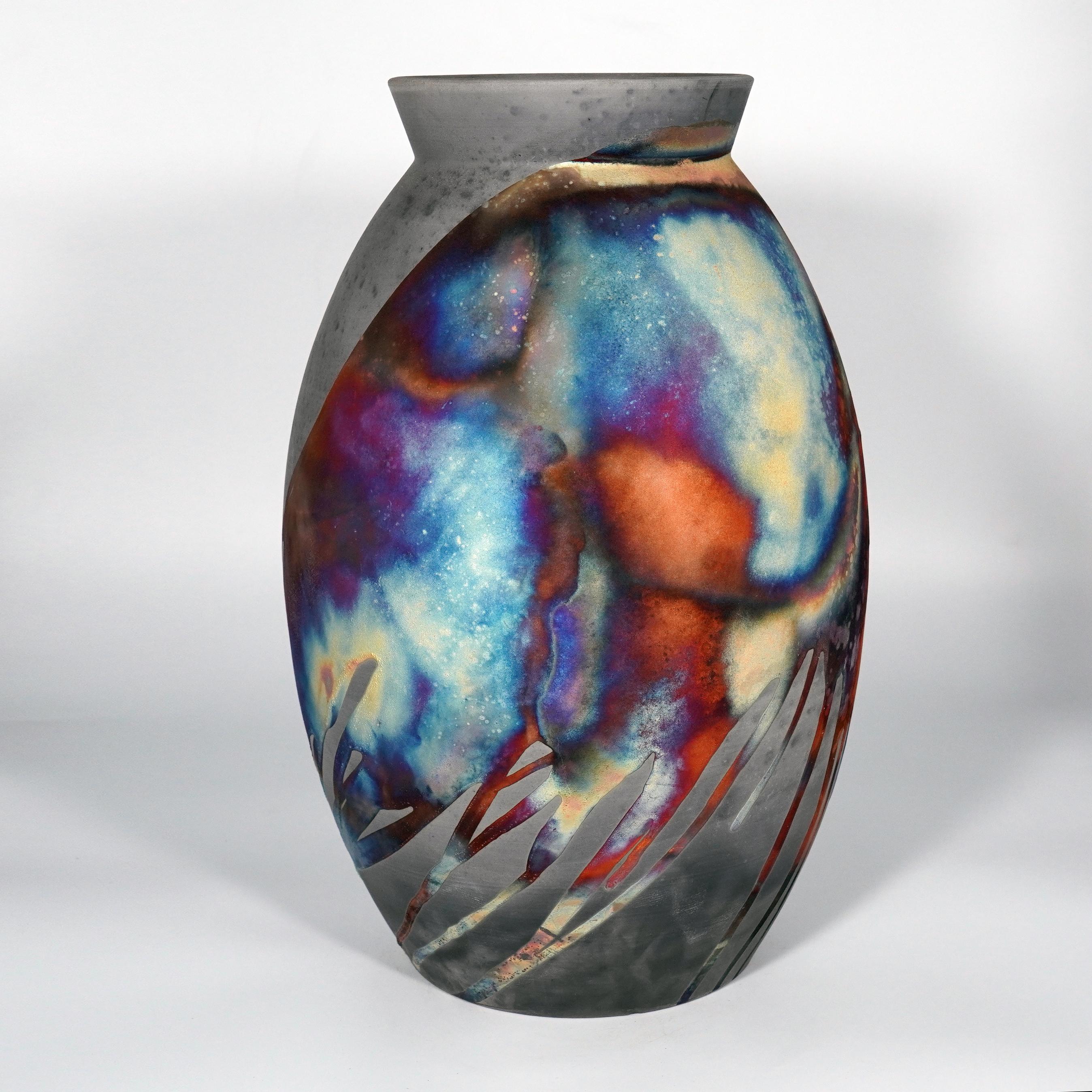 Modern Raaquu Raku Fired Large Oval XL Vase S/N0000837 Centerpiece New Art Series For Sale
