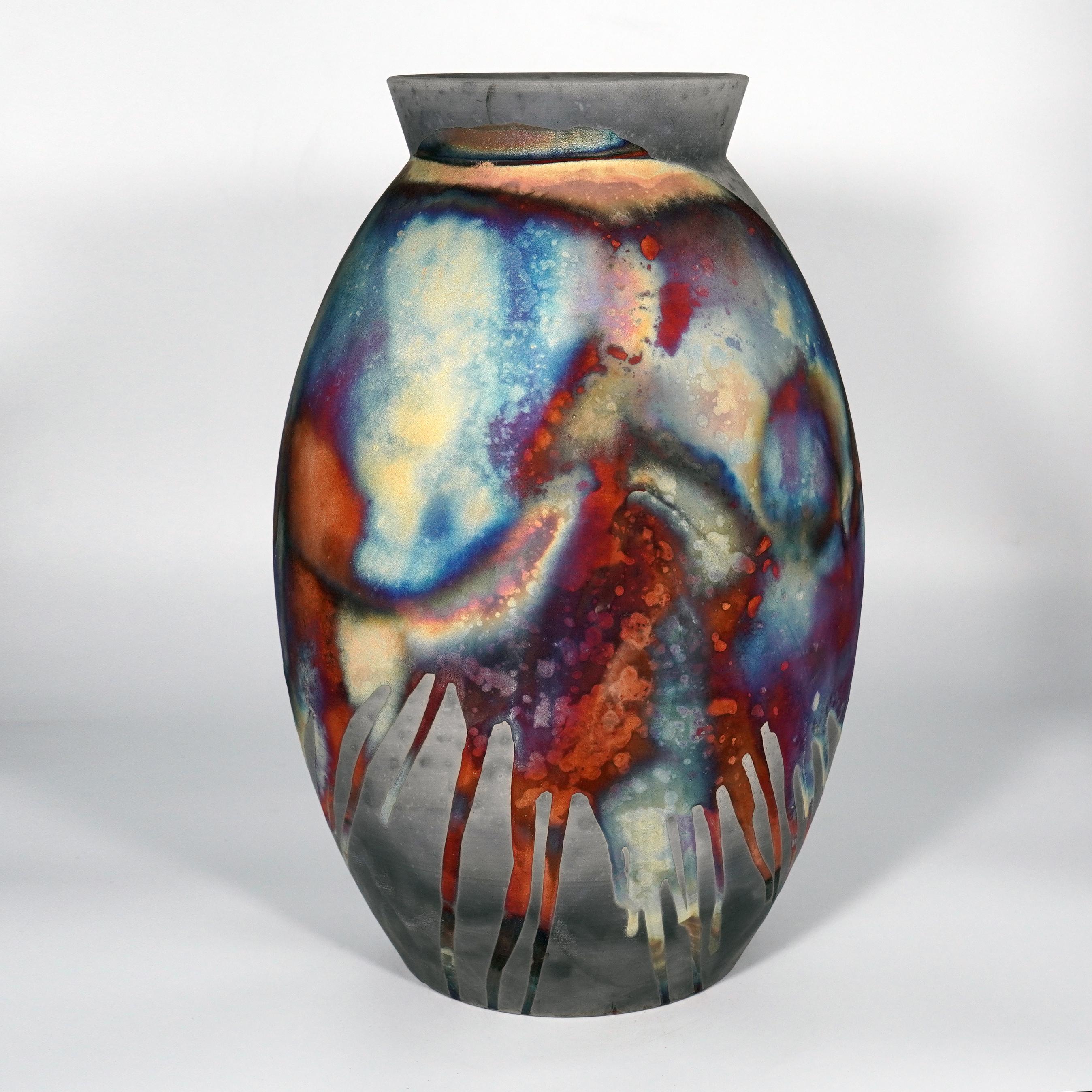 Malaysian Raaquu Raku Fired Large Oval XL Vase S/N0000837 Centerpiece New Art Series For Sale