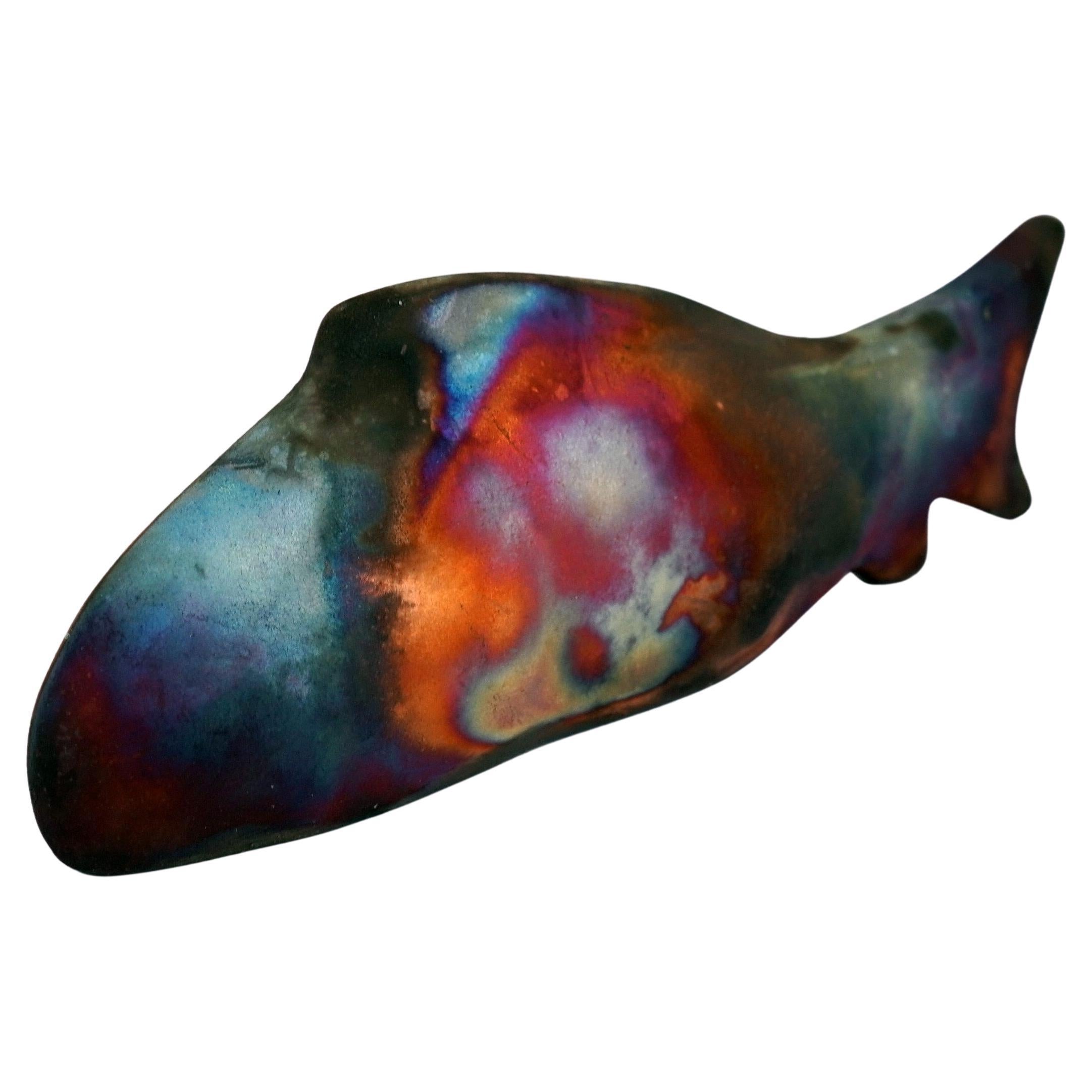 Raaquu Sakana Raku Ceramic Fish Figurine Mini Sculpture - Full Copper Matte