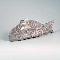 Raaquu Sakana Raku Ceramic Fish Figurine Mini Sculpture - White Crackle