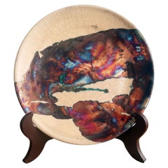 Raaquu Sara Raku Ceramic Plate 9.5" Half Copper Matte Handmade Pottery Decor