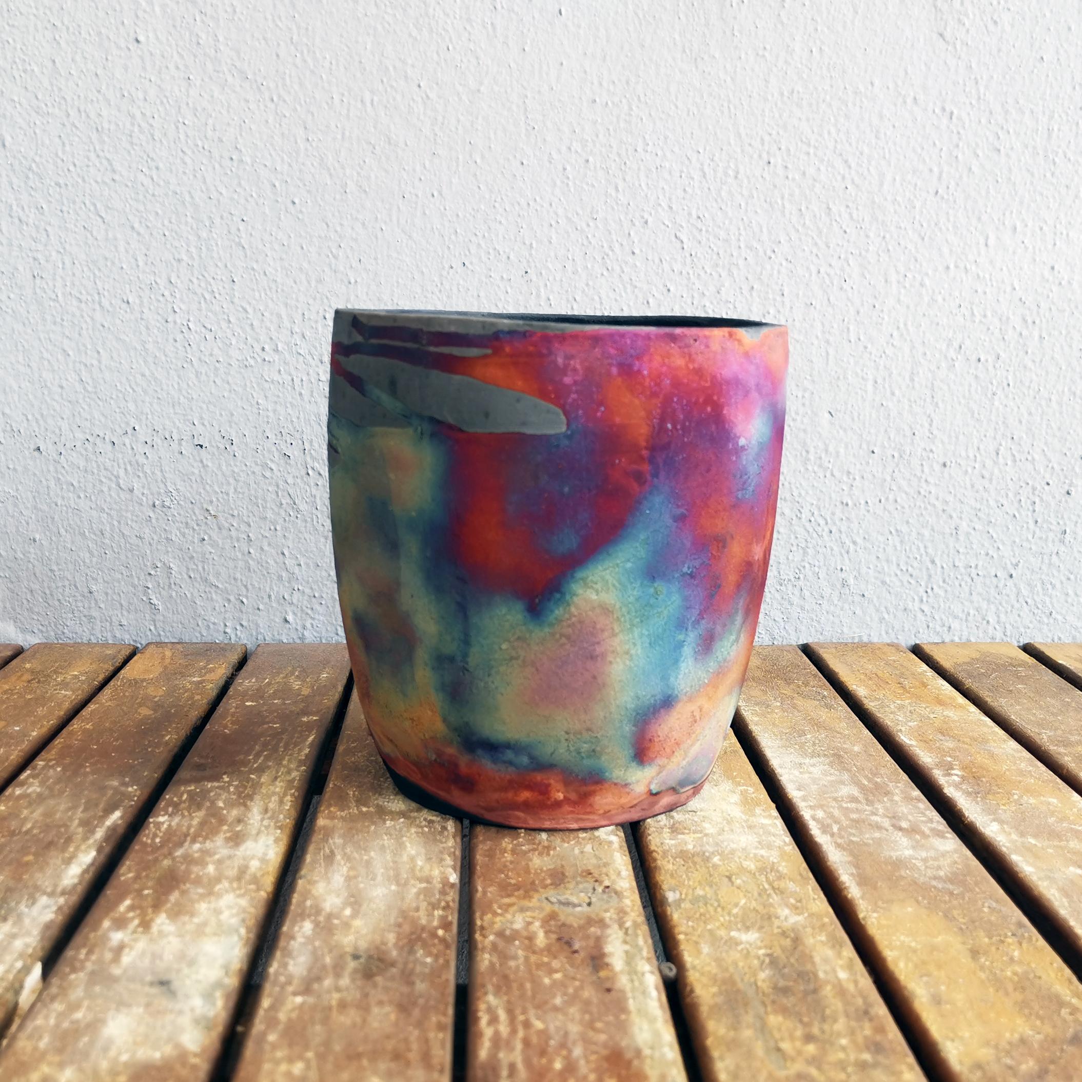 Fired Seicho Raku Planter Pot Pottery - Carbon Copper - Handmade Ceramic For Sale