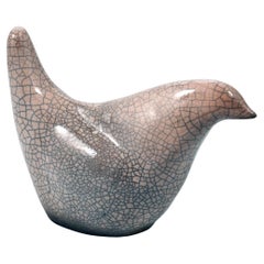 Raaquu Tori Raku Ceramic Bird Figurine Mini Sculpture - White Crackle