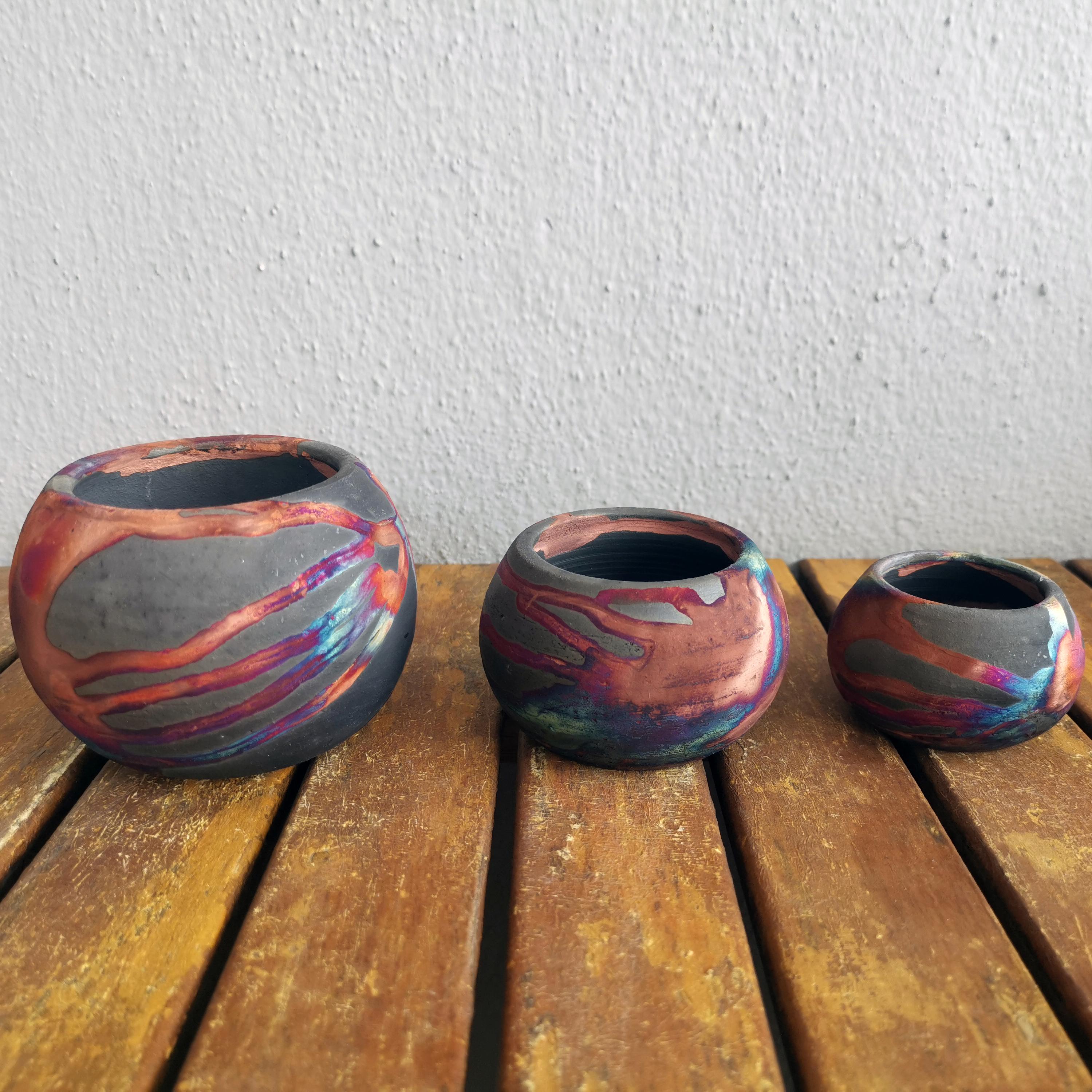 Fired Tsuchi Raku Mini Planter Pot Set of 3 - Carbon Copper - Handmade Ceramic For Sale