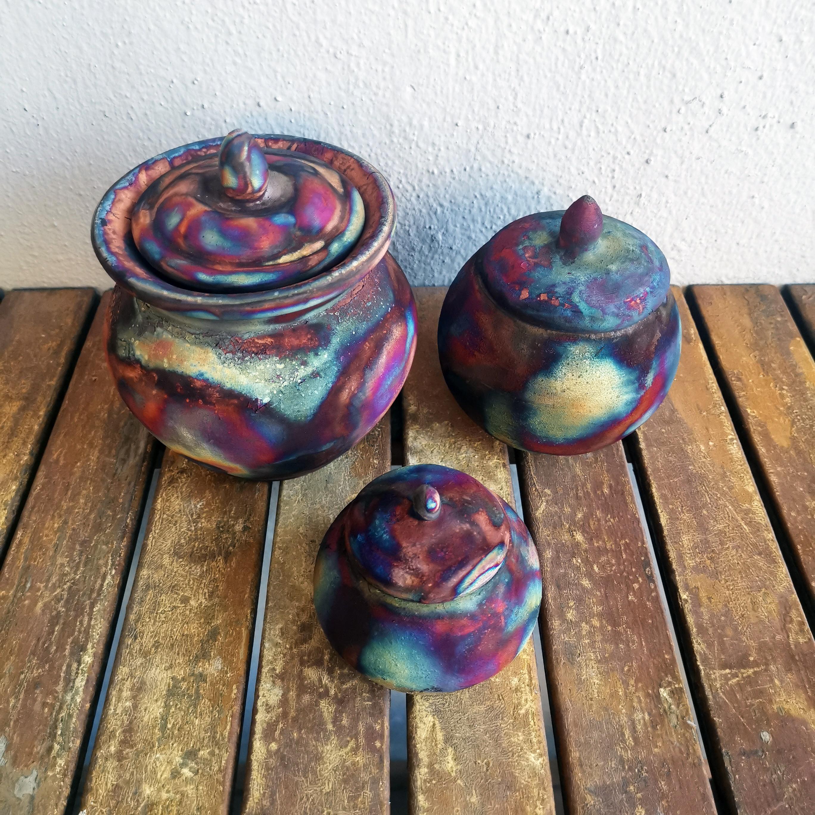 Modern Raaquu Urn Set, Full Copper Matte, Ceramic Raku Pottery For Sale