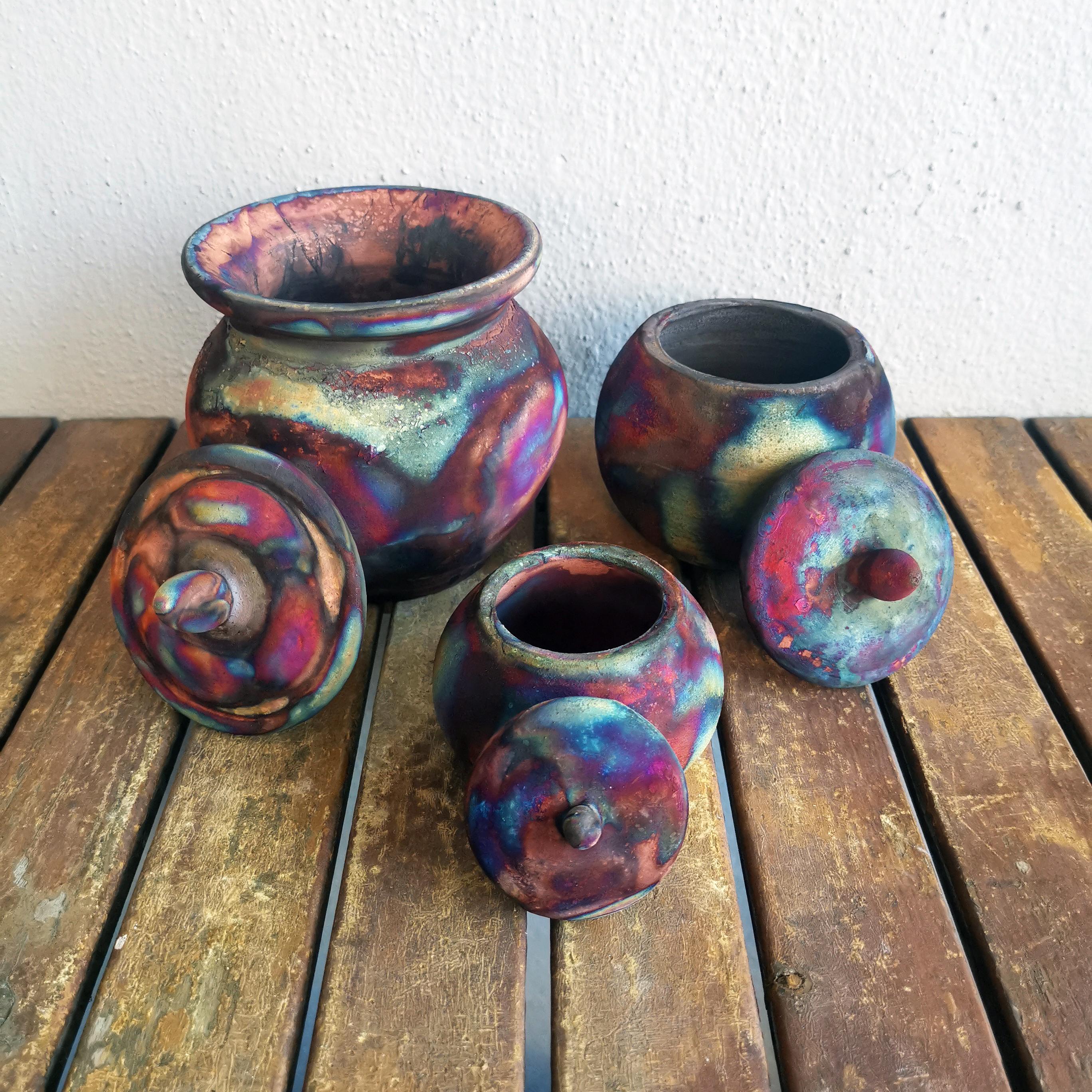 Malaysian Raaquu Urn Set, Full Copper Matte, Ceramic Raku Pottery For Sale