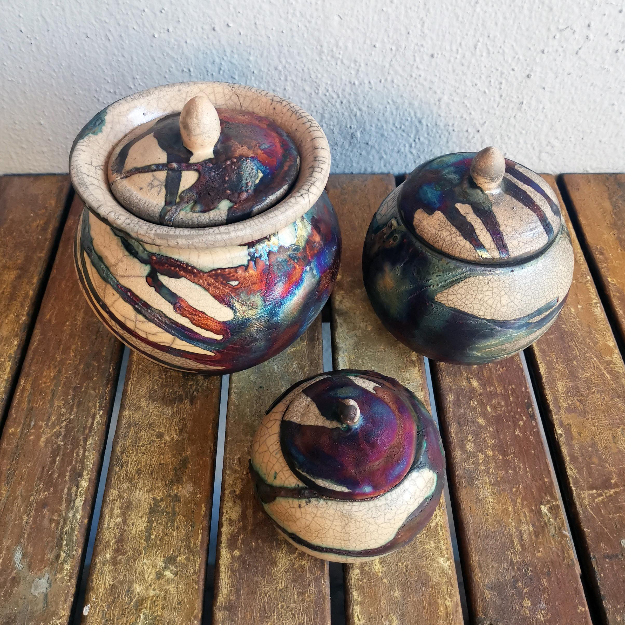 Modern Raaquu Urn Set - Half Copper Matte - Ceramic Raku Pottery For Sale