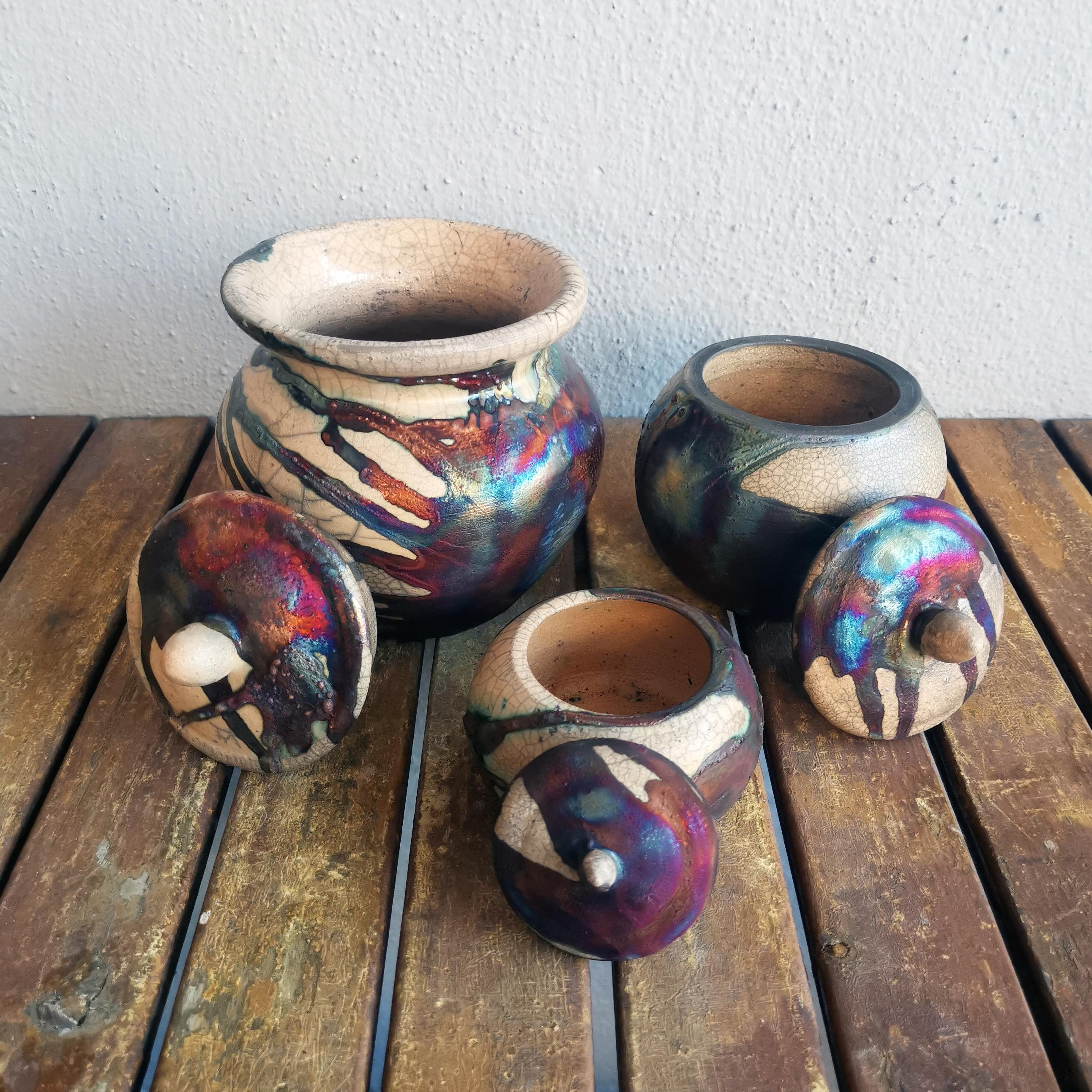 Malaysian Raaquu Urn Set - Half Copper Matte - Ceramic Raku Pottery For Sale