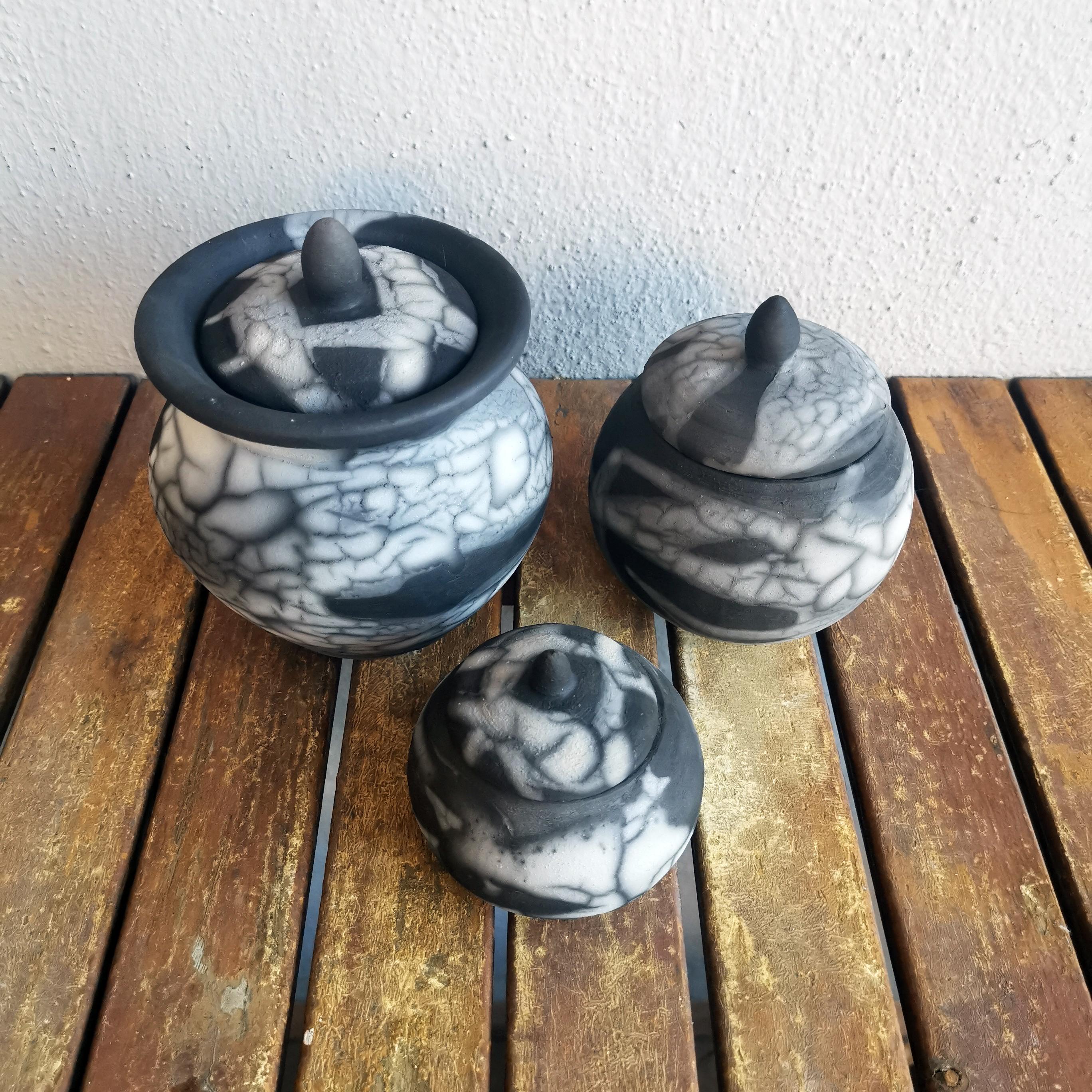 Modern Raaquu Urn Set - Smoked Raku - Ceramic Raku Pottery For Sale
