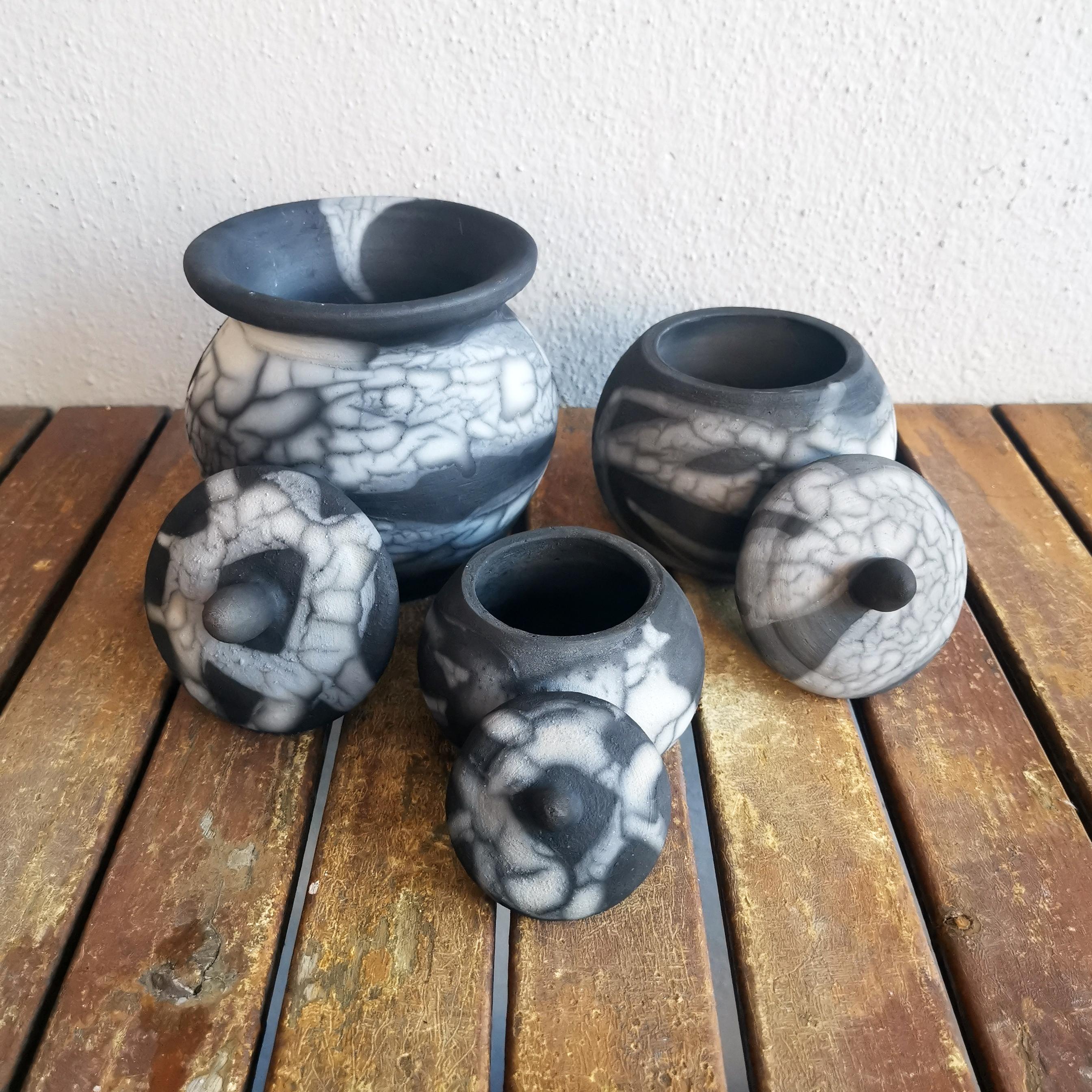 Malaysian Raaquu Urn Set - Smoked Raku - Ceramic Raku Pottery For Sale