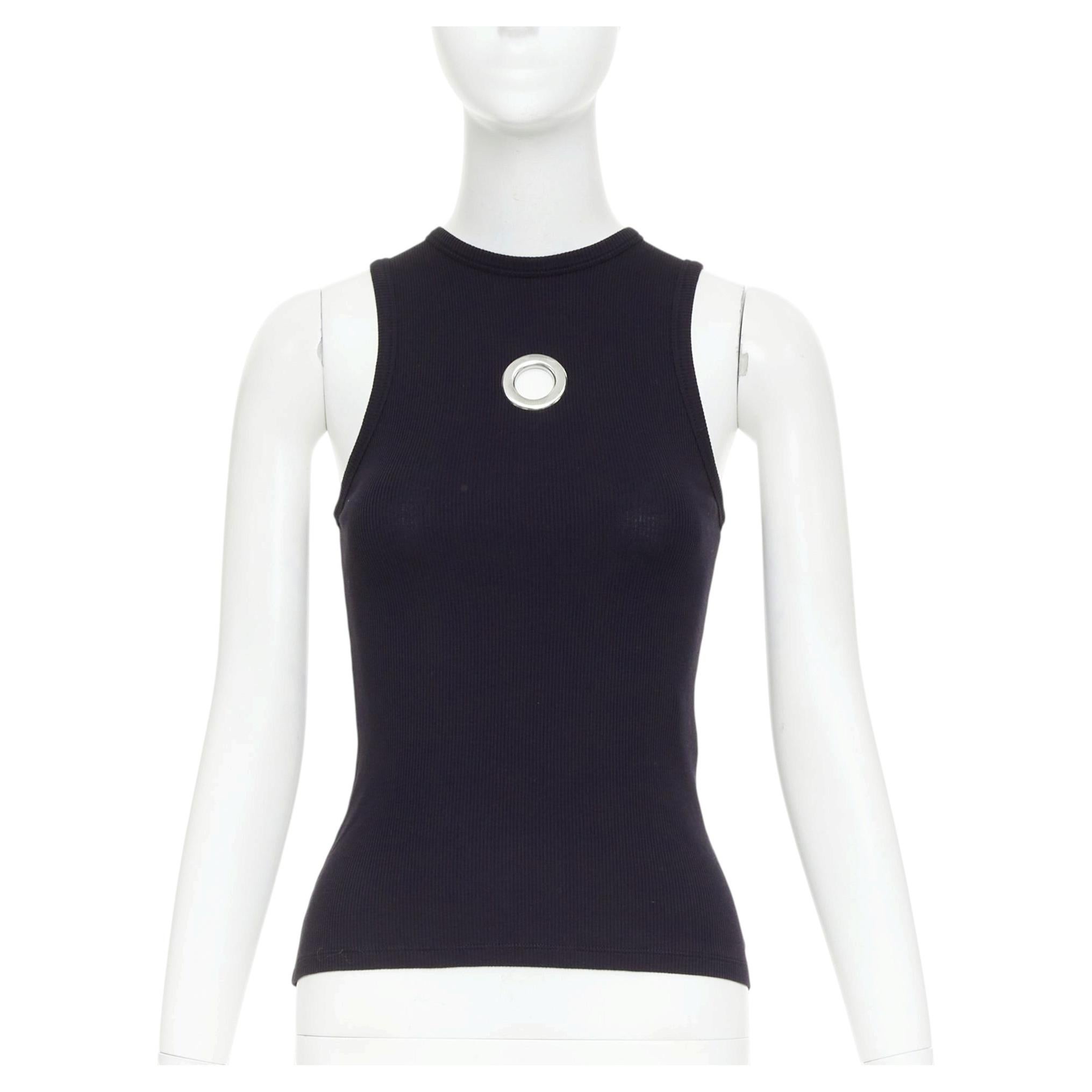 Débardeur en coton bio à col rond et œillet simple noir et argent RABANNE, taille XS