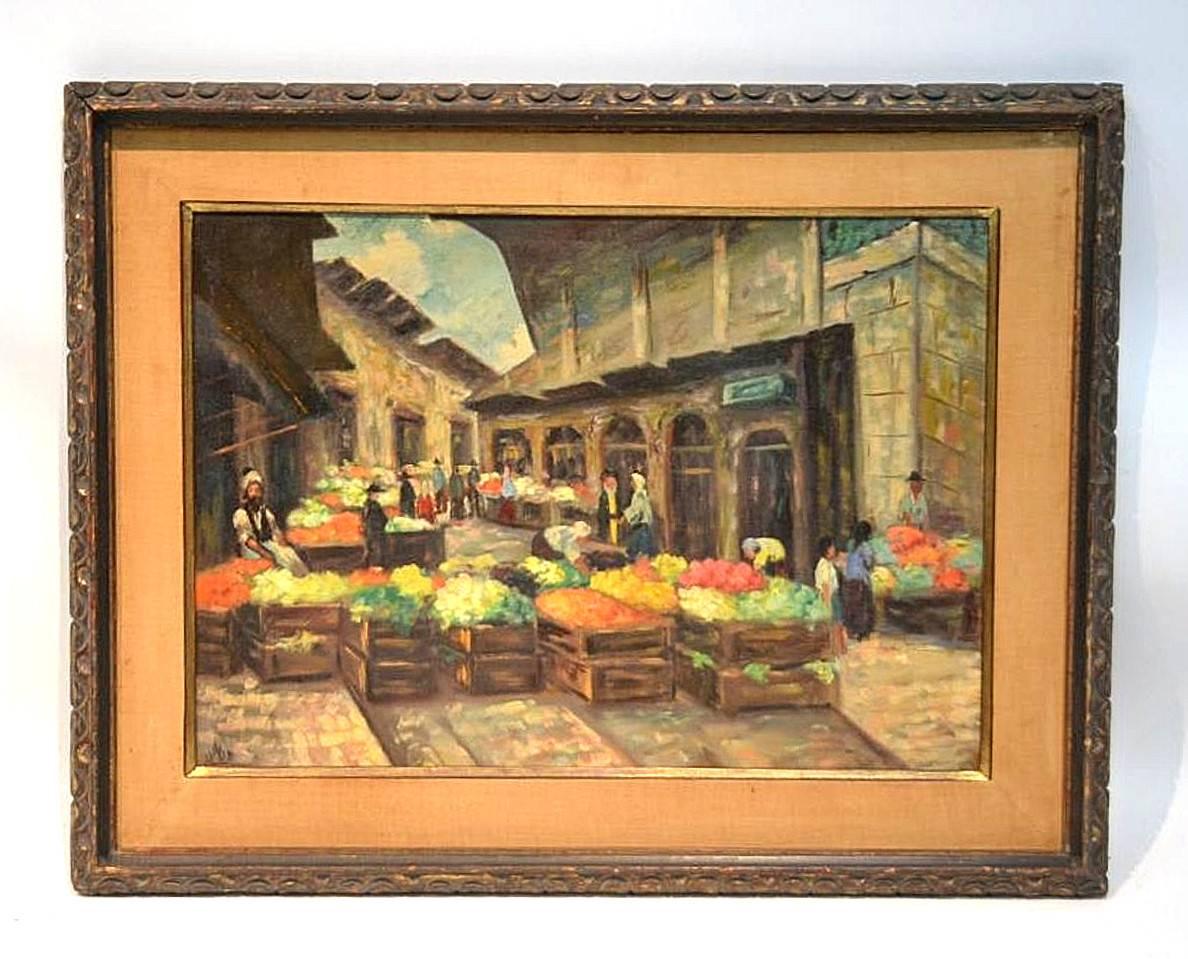 Rare Judaica Jerusalem Shuk  Market Scene Oil Painting. Famous Kabbalist Artist - Brown Figurative Painting by Rabbi Yehuda Leon Patilon