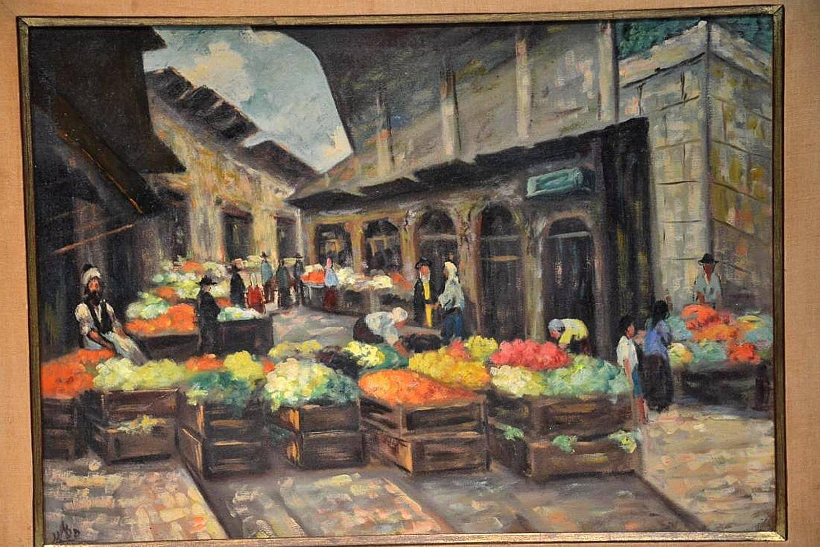 19 X 27 inches without frame

Oil painting by the Kabbalist Rabbi Yehuda Leon Patilon.
Oil on canvas, signed: Patilon.
A scene in the old Shuk (Souq) Market in Jerusalem, Machne Yehudah.
Kabbalist Yehuda Leon Patilon (died Cheshvan 1974) was known