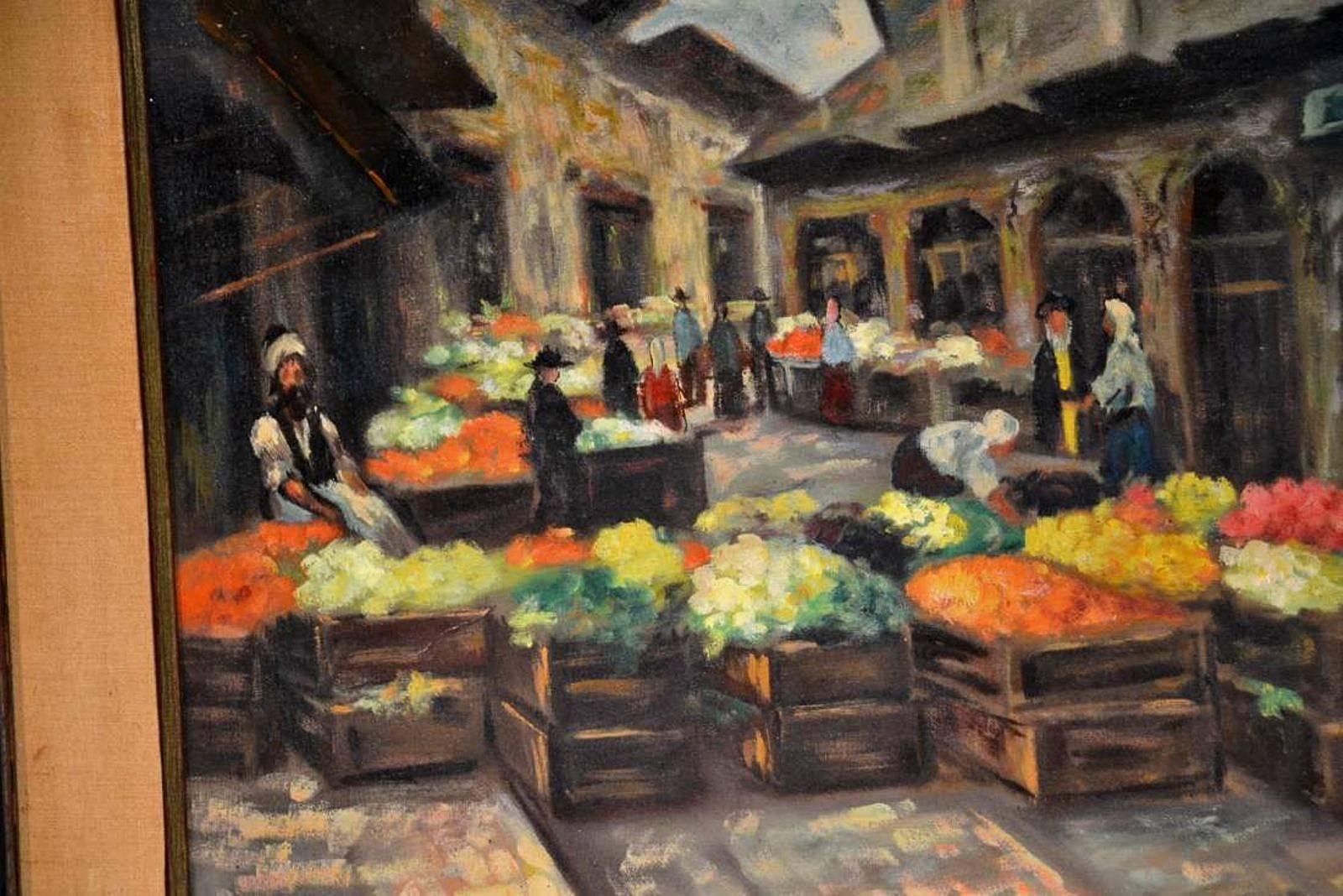 Rare Judaica Jerusalem Shuk  Market Scene Oil Painting. Famous Kabbalist Artist For Sale 2