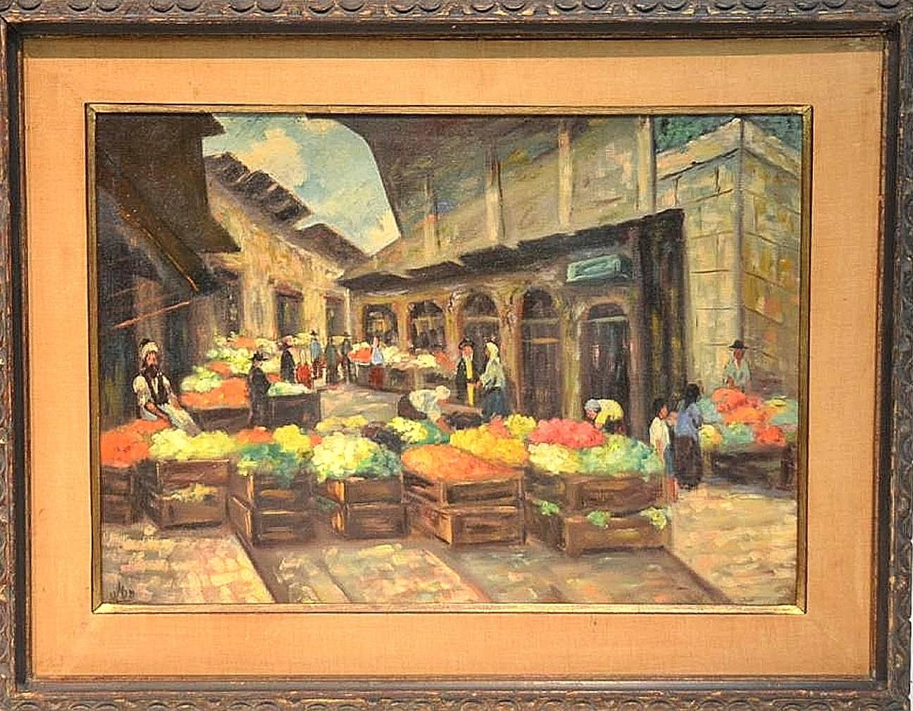 Rare Judaica Jerusalem Shuk  Market Scene Oil Painting. Famous Kabbalist Artist