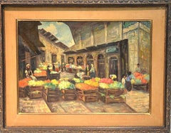 Retro Rare Judaica Jerusalem Shuk  Market Scene Oil Painting. Famous Kabbalist Artist