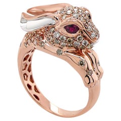 Rabbit Bunny Fancy Diamond Ruby 18K Rose Gold Ethnic Style Animal Ring