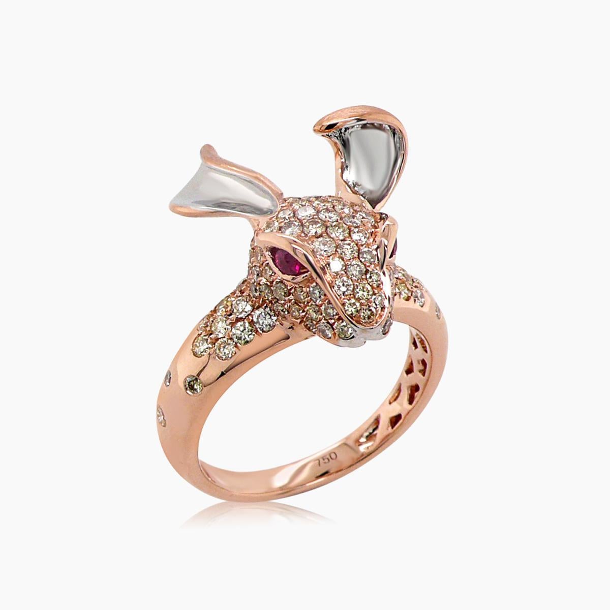Mixed Cut Rabbit Bunny Fancy Diamond & Ruby 18K Rose Gold Ring For Sale