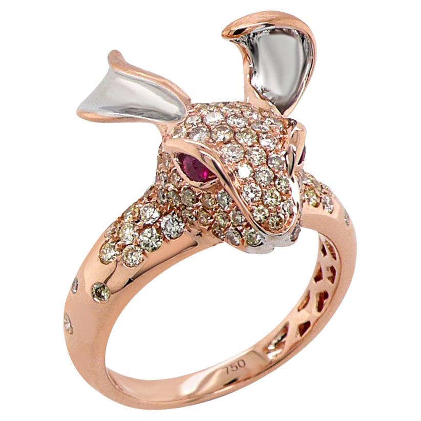 Rabbit Bunny Fancy Diamond & Ruby 18K Rose Gold Ring