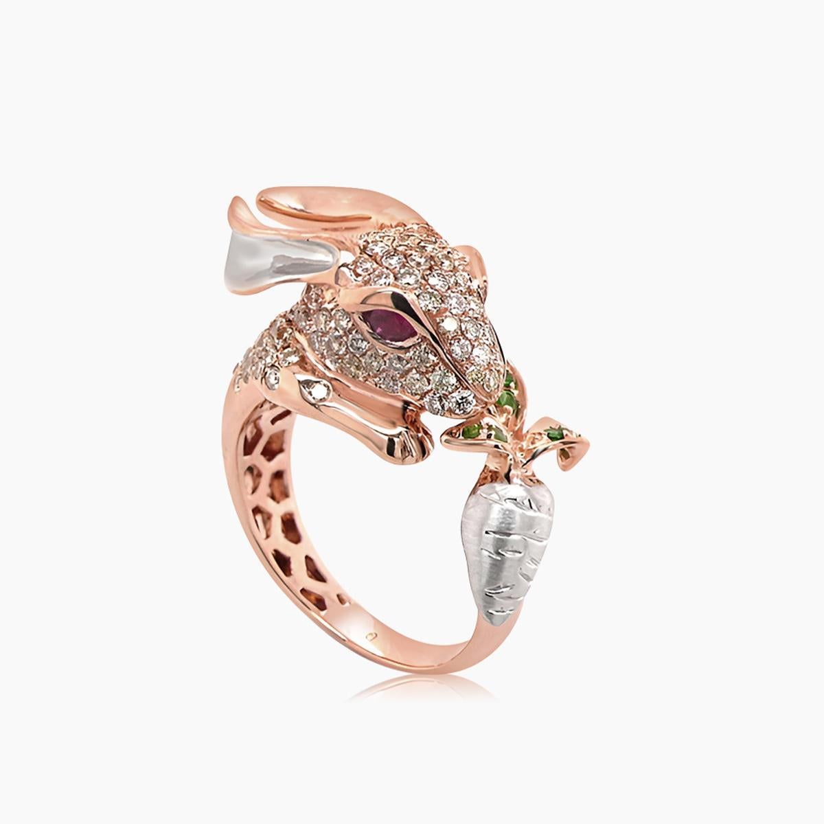 Mixed Cut Rabbit Bunny Fancy Diamond Ruby & Garnet 18K Rose Gold Ring For Sale