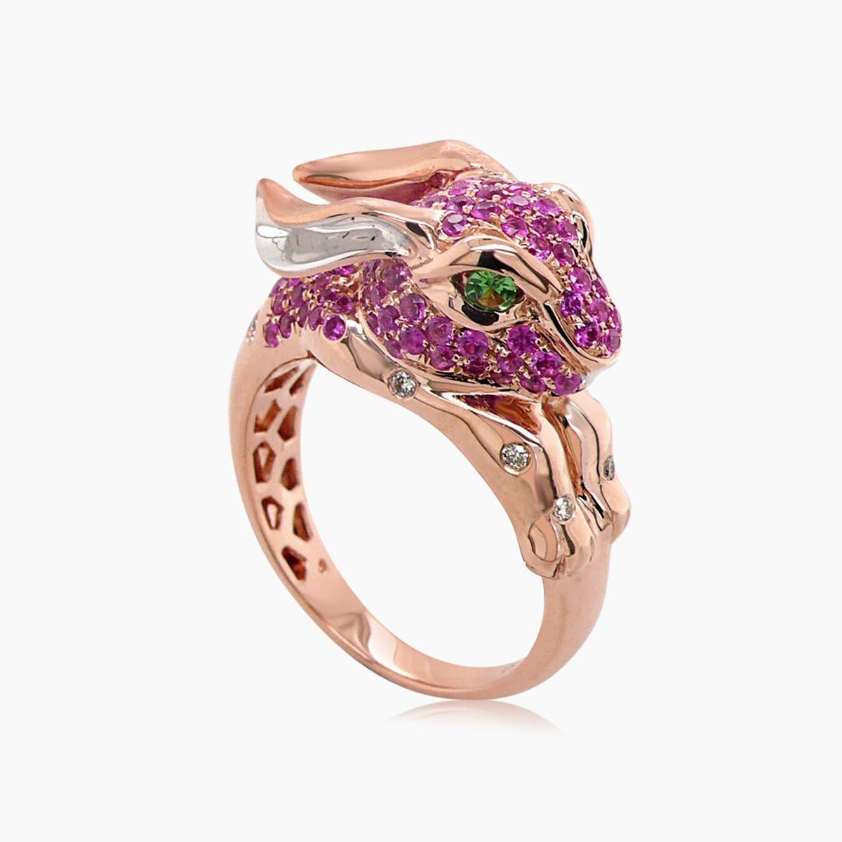 Mixed Cut Rabbit Bunny Pink Sapphire Fancy Diamond & Garnet 18K Rose Gold Rabbit Face Ring For Sale
