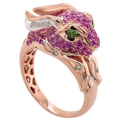 Rabbit Bunny Pink Sapphire Fancy Diamond & Garnet 18K Rose Gold Rabbit Face Ring