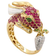 Rabbit Bunny Ruby Fancy Diamond & Garnet 18K Yellow Gold Animal Ring