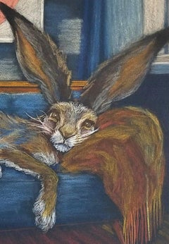ART: Hare in Repose on a Blue Mid-Century Modern Couch, Signed Original Art
