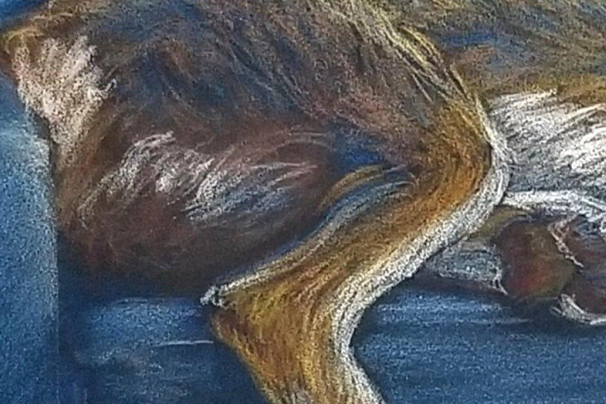 Americano ARTE: Lepre in riposo su un divano blu del Mid-Century Modern, opera d'arte originale firmata in vendita