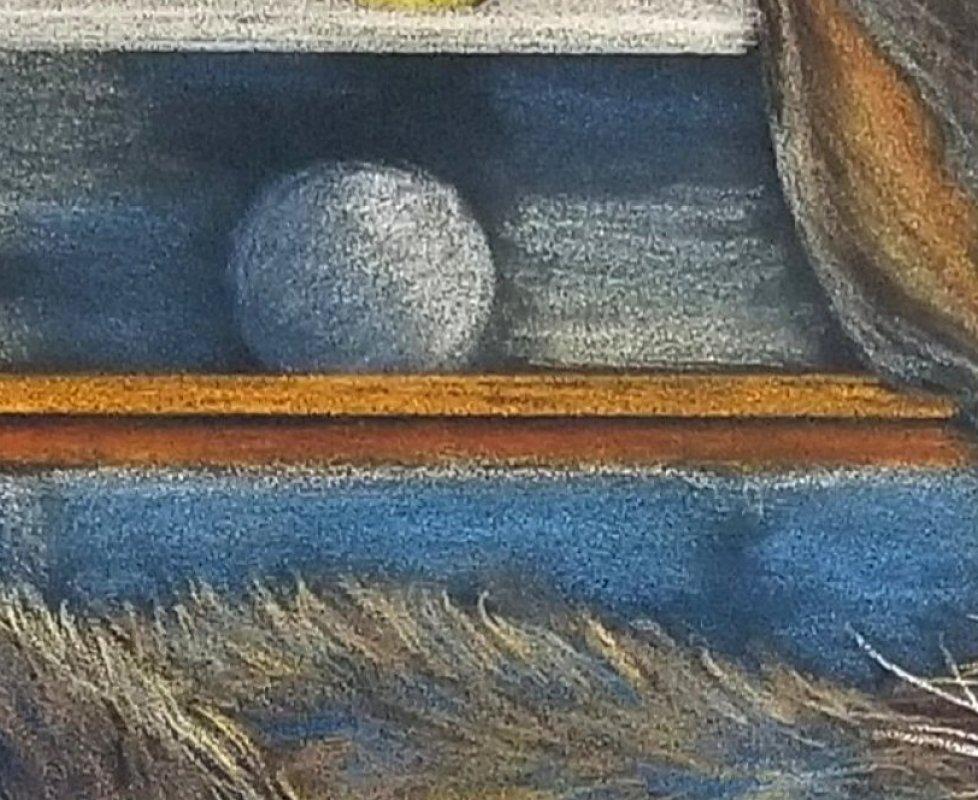 Dipinto ARTE: Lepre in riposo su un divano blu del Mid-Century Modern, opera d'arte originale firmata in vendita