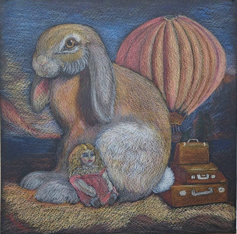 Original Art Watercolor Rabbit with Doll and Hot Air Balloon In Good Condition For Sale In Warrenton, OR