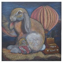 Arte Original Acuarela Conejo y Globo Aerostático VENTAS DE CIERRE