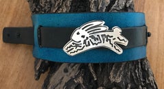 Rabbit leather cuff, Melanie Yazzie, Navajo black and blue leather Chicago screw
